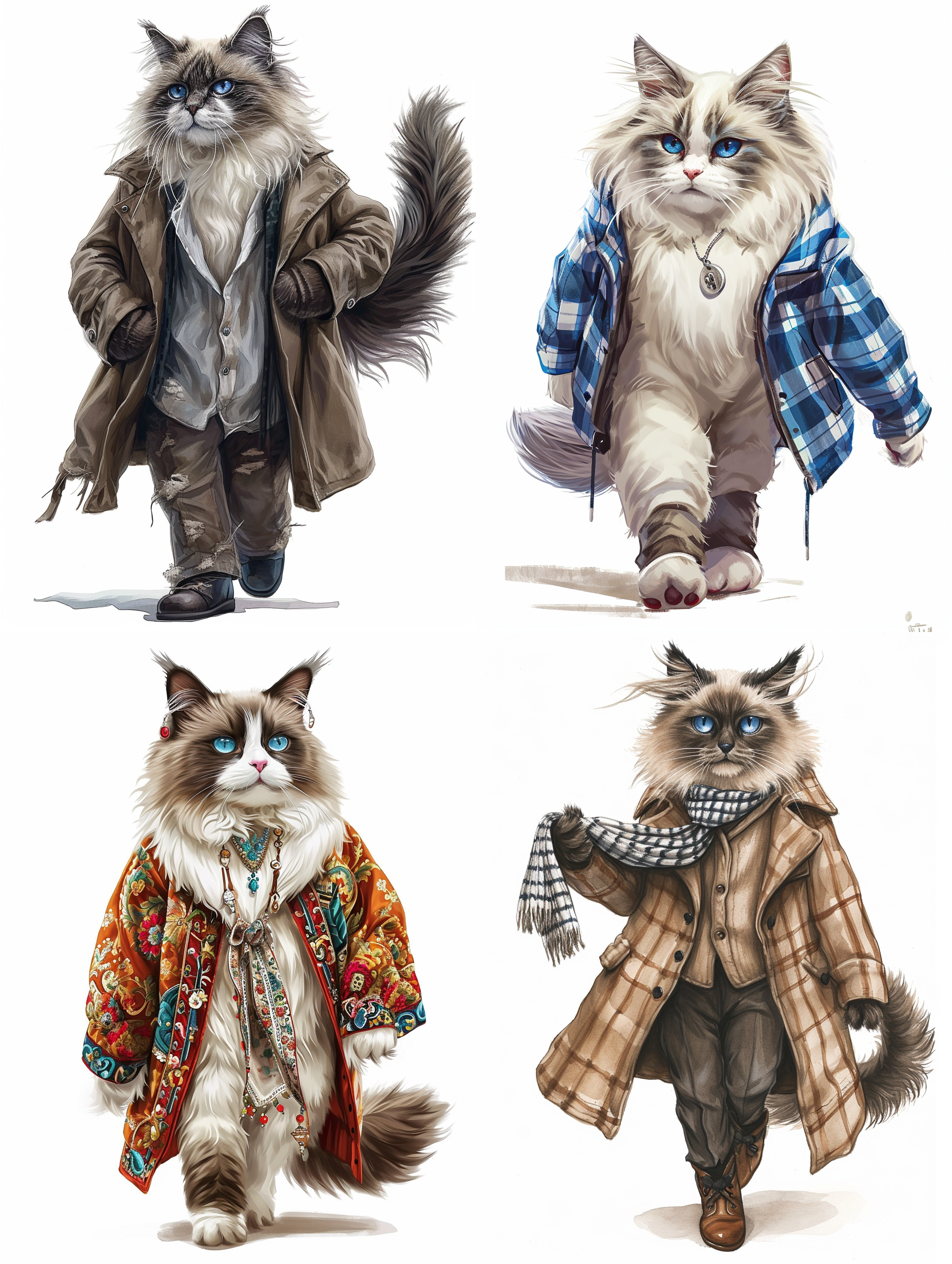 猫穿着时尚的服装在t台秀上，全身，正面视角，高挑，蓝眼睛，非常漂亮，长发的猫，直立行走，3:4比例，风格化1000。