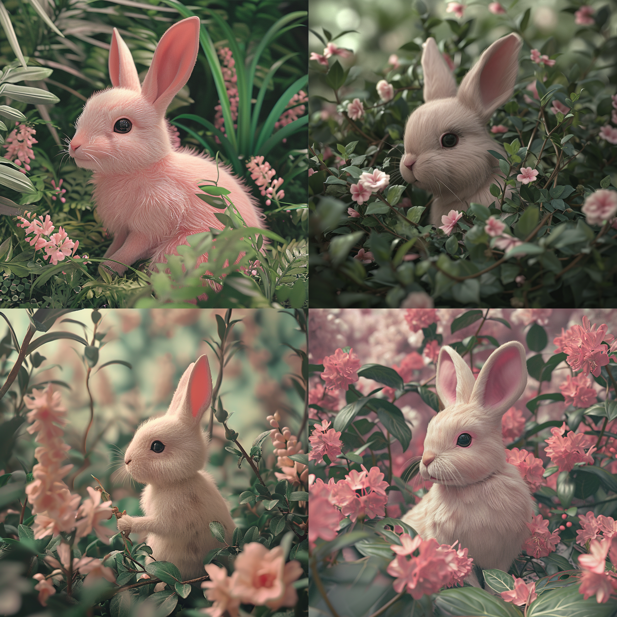 q版的粉色兔子，身上绿色叶子跟粉色花，黑色的眼睛，在一个梦幻花园里，香槟色调，c4d,2d渲染