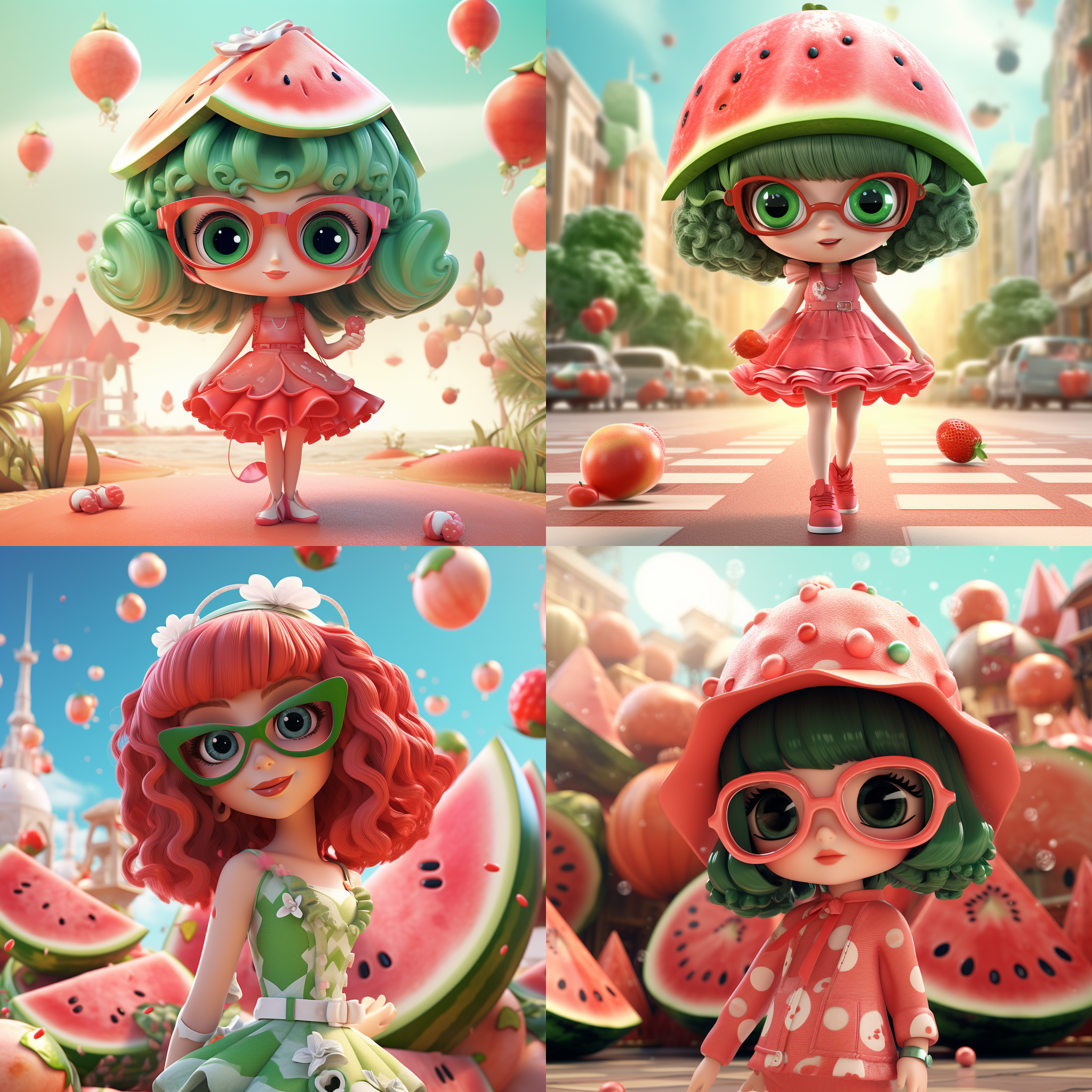 大眼女孩，时尚大片，西瓜服装，c4d，3d渲染，展现色彩，清晰细节，动感，欢快梦幻背景， 