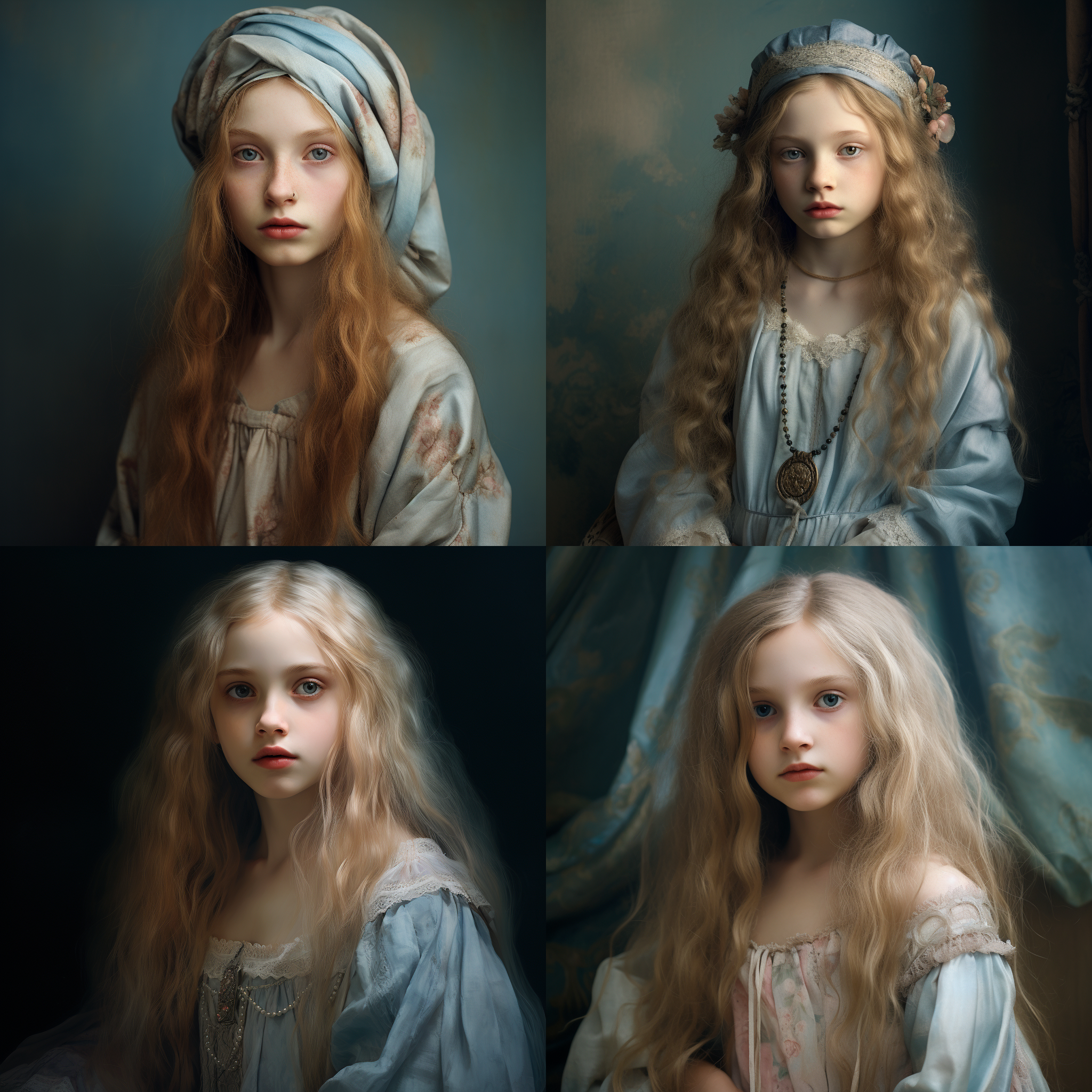 大眼女孩，浅蓝色加浅粉色的长头发，，穿着古风的服装，简约，温和，伦勃朗照明，梦幻背景