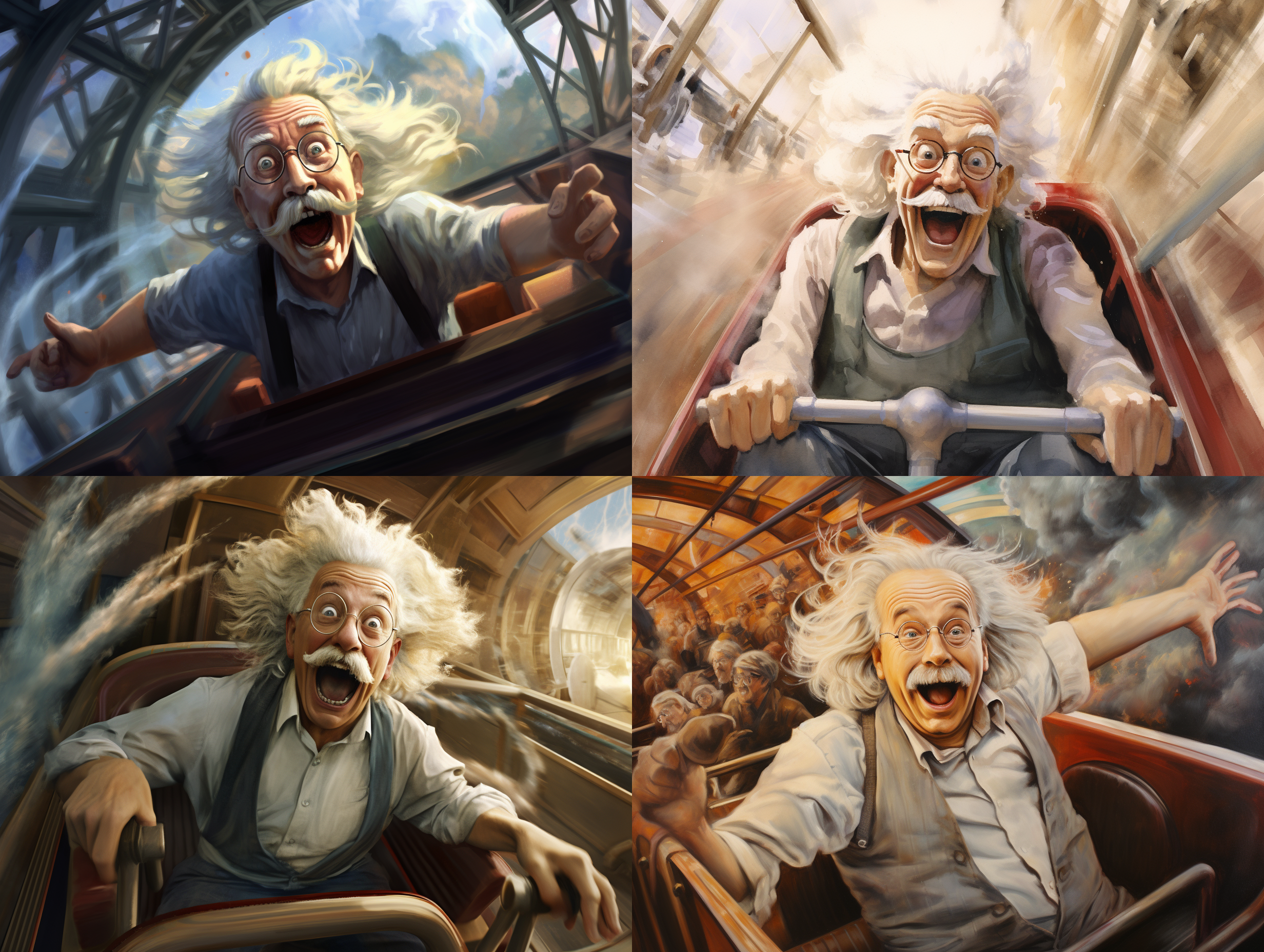 爱因斯坦坐在过山车第一排，正在飞速前进，爱因斯坦头发乱飞，长大嘴巴，眼镜瞪得很大，惊吓表情