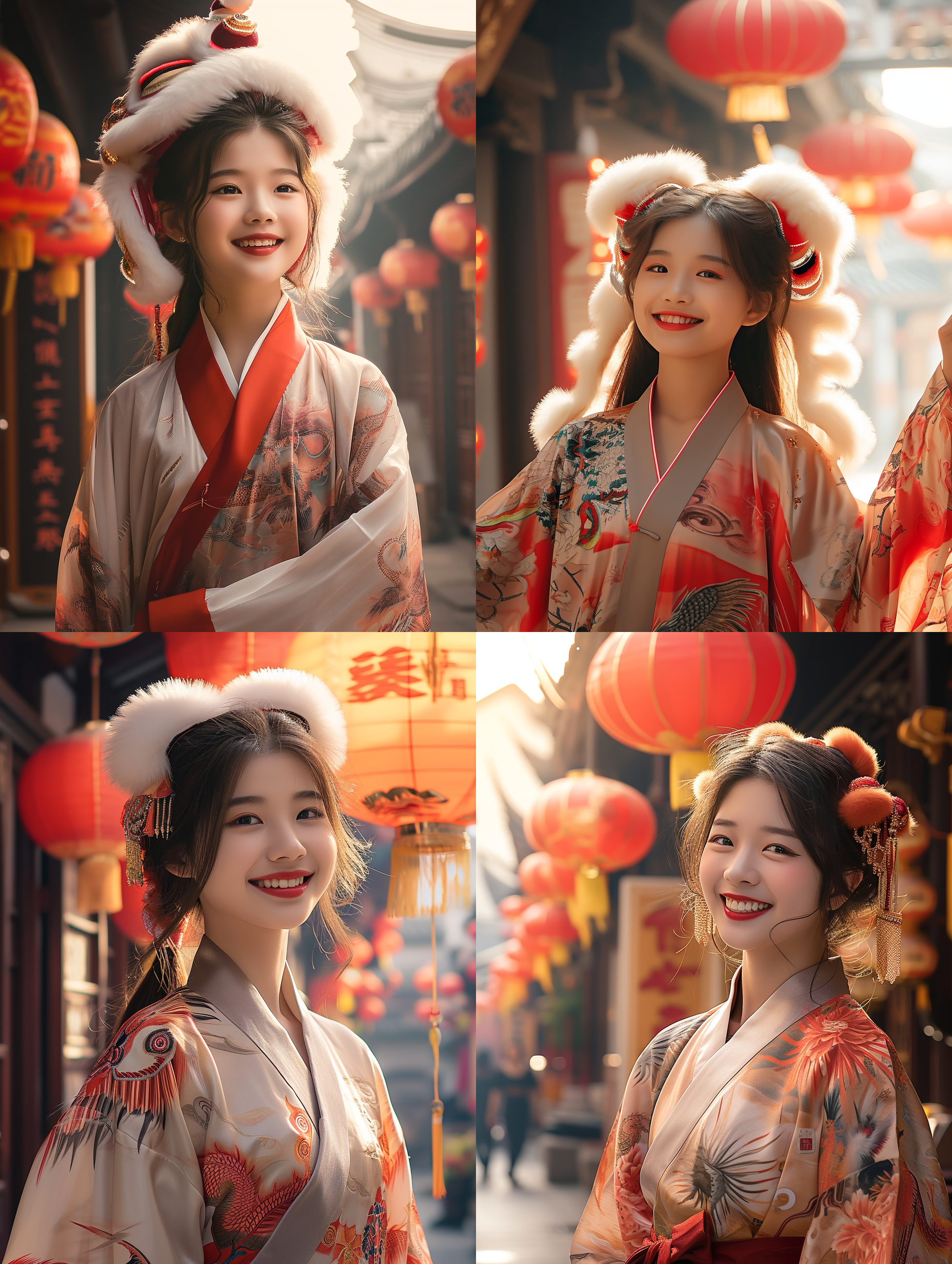 prompt.中国女孩微笑，头戴舞狮头，背景中国龙，中国龙年，明亮色调，传统风格，中焦镜头，自然光，欢快动作，喜庆元素，红色主题，喜悦情绪。