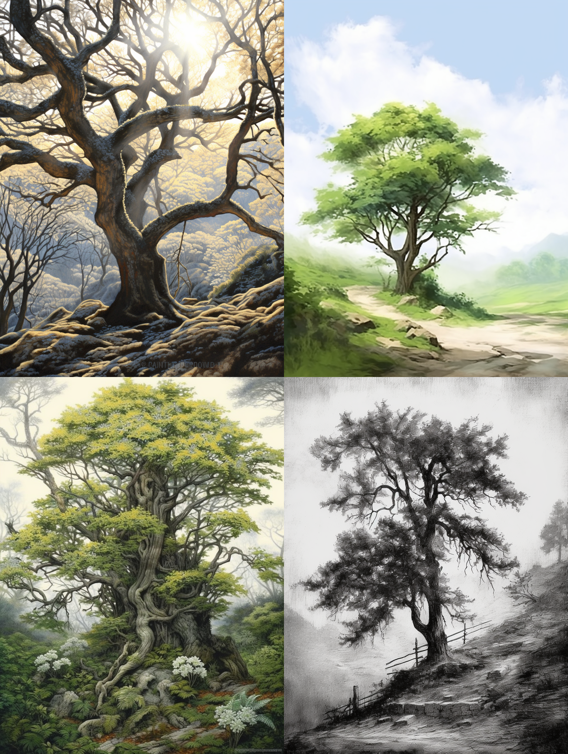 苍老槐树，高大挺拔，独立于风景中，国画风格，细腻描绘，自然色调，细笔勾勒，优雅光影，树影斑驳，静态，沉稳。