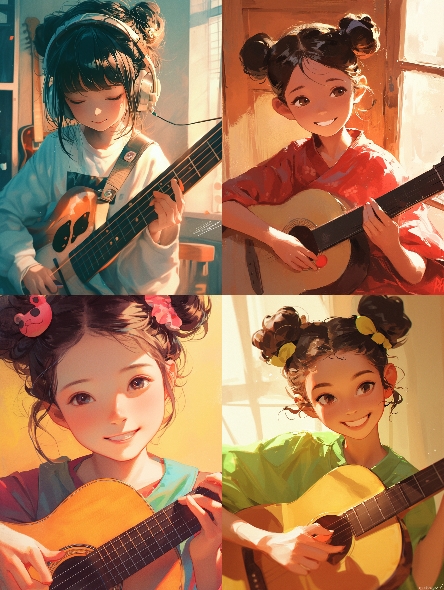 一位快乐地弹着民谣吉他的女孩，带着熊猫发卡，双丸子头发型，黑发，东亚女孩，忘我演唱，自信，心流时刻，室内光影，32k画质，人像质感，漫画风格。