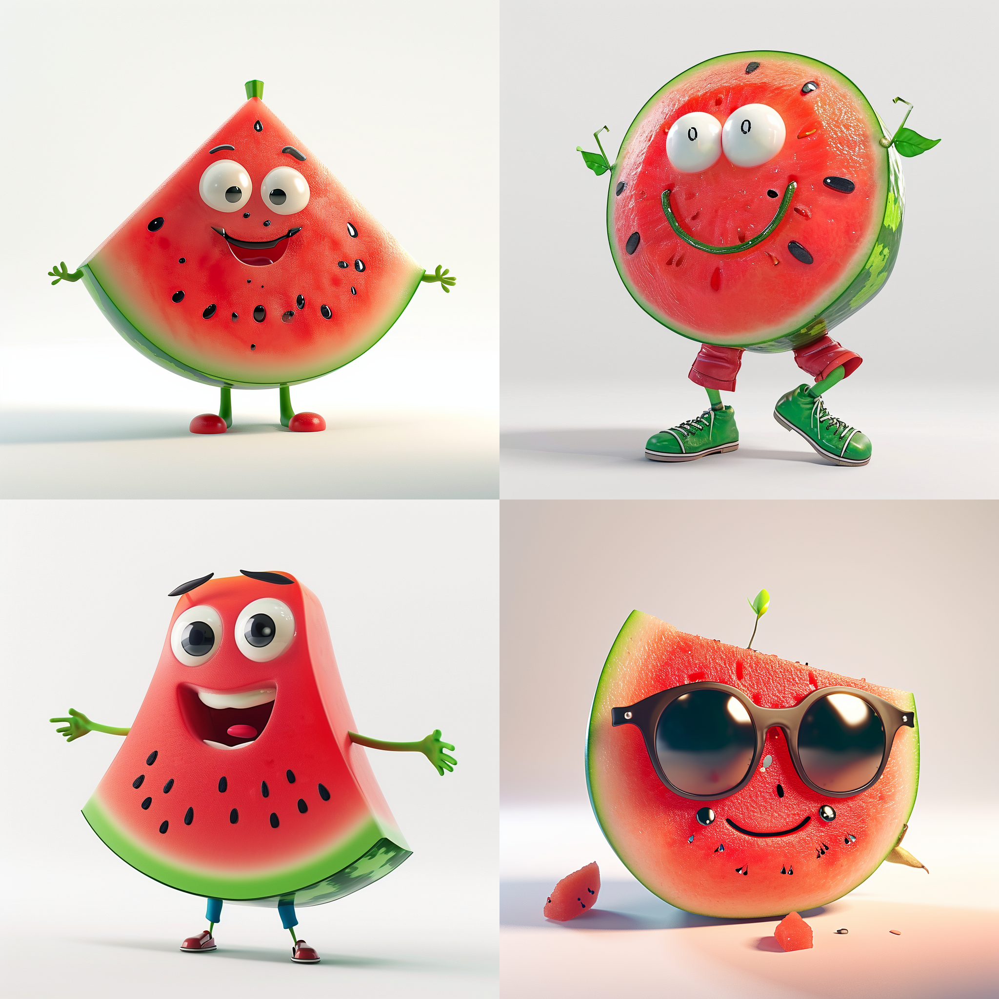 西瓜，卡通风格，时尚衣服，c4d渲染，鲜明色彩，清晰细节，柔和光线，动感十足，欢快氛围，白色背景。