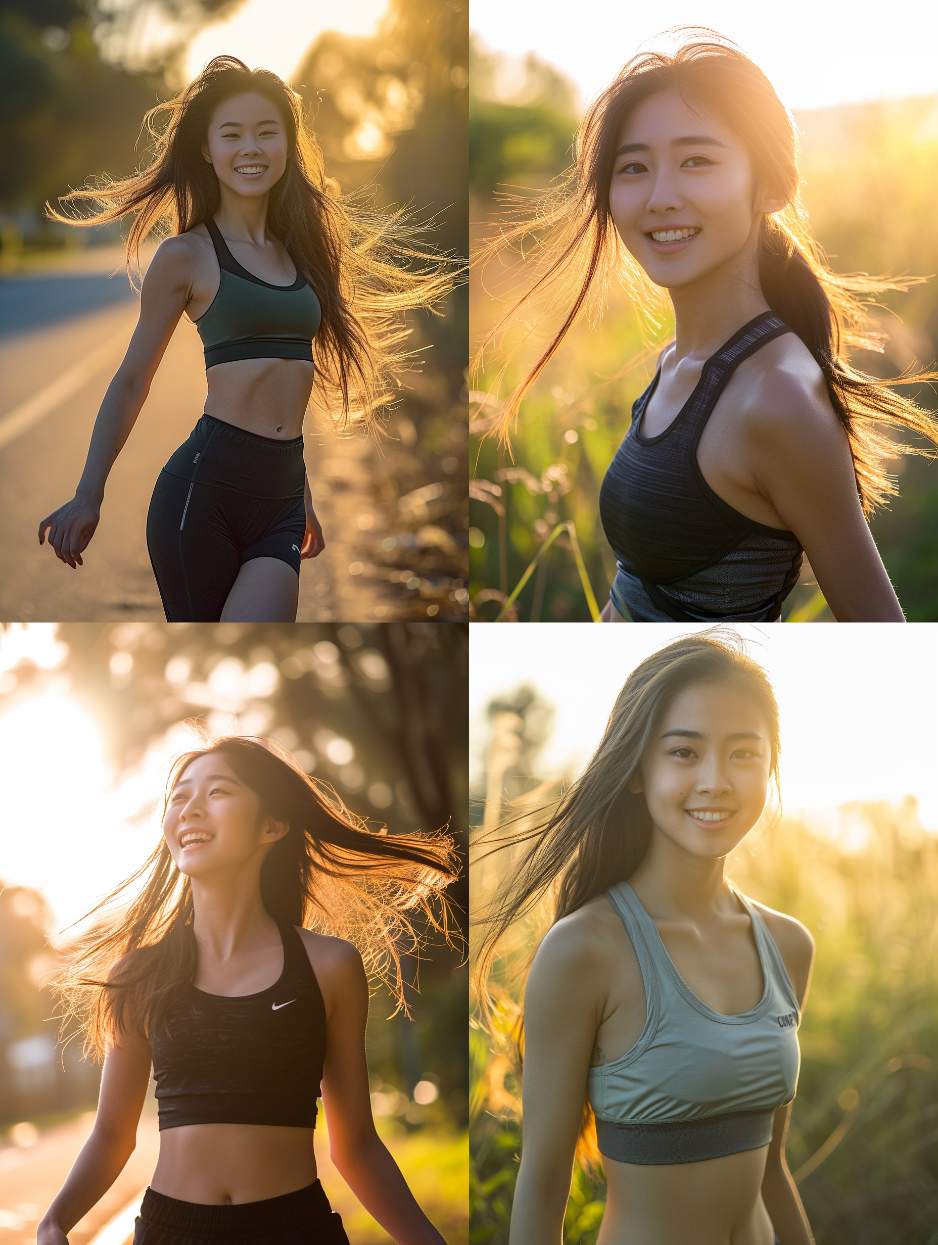 健身女孩儿，白皙皮肤，亚洲人，中国人，户外环境，自然光线，逆光拍摄，运动装，运动鞋，长发飘逸，自信微笑，强壮肌肉，动感，活力，健康。