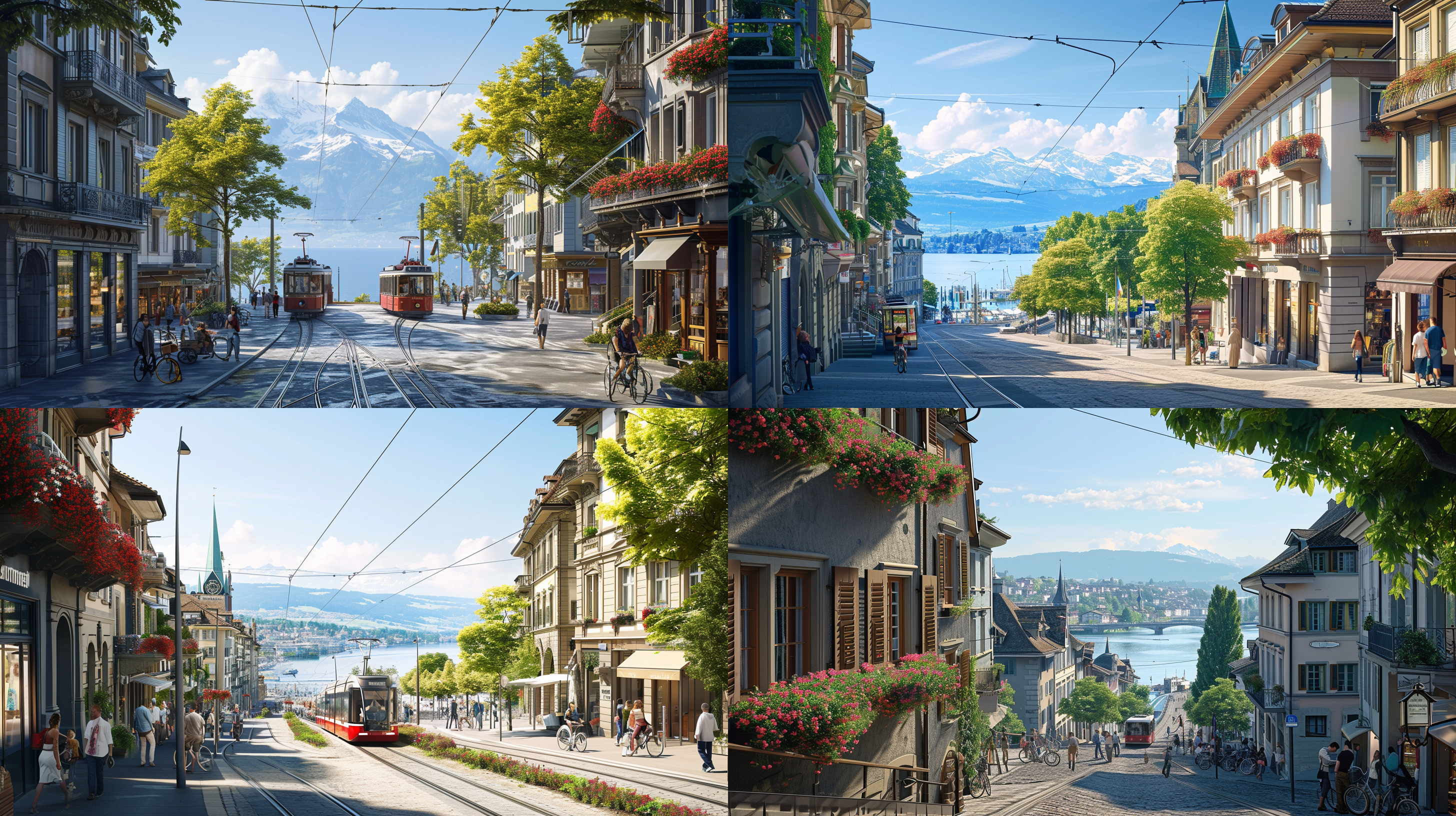 a photo-realistic image of zurich, switzerland, capturing its picturesque essence. the view prominently features lake zurich with the surrounding mountains in the background. the foreground should depict charming streets with traditional swiss buildings, cobblestone pathways, and balconies adorned with flowers. people in everyday attire are walking along the streets, some riding bicycles. trams are seen moving along tree-lined streets. the sky is clear blue with a few light clouds, encapsulating the peaceful, clean, and scenic atmosphere of zurich