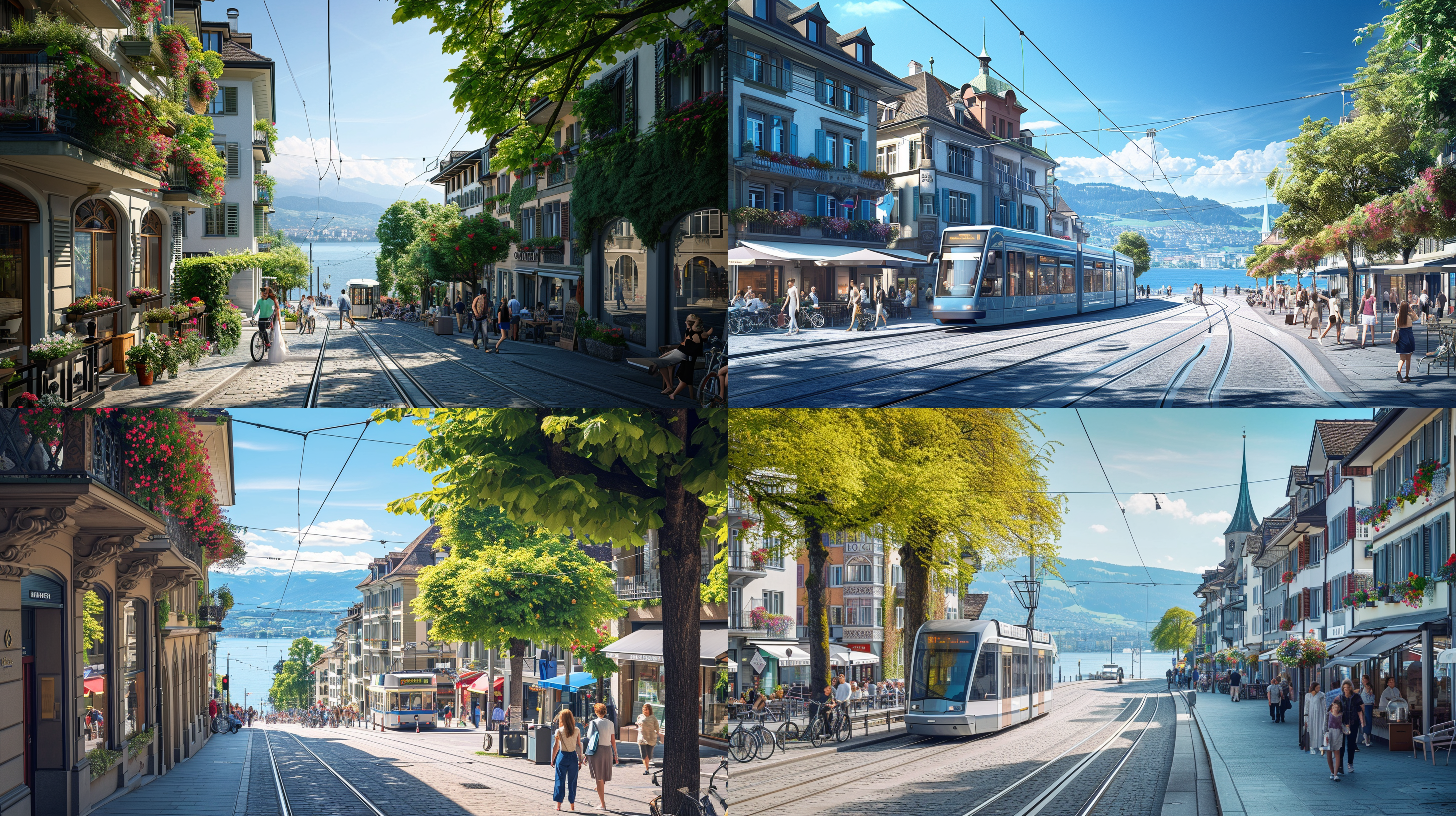 瑞士苏黎世的写实主义图像，捕捉其如画的本质。景色以苏黎世湖和周围的山脉为背景。前景应该描绘出迷人的街道，有传统的瑞士建筑、鹅卵石小路和装饰着鲜花的阳台。穿着日常服装的人们在街上散步，有些人骑着自行车。有轨电车沿着绿树成荫的街道行驶。天空是清澈的蓝色，有几朵淡淡的云彩，包裹着苏黎世宁静、干净、风景优美的氛围