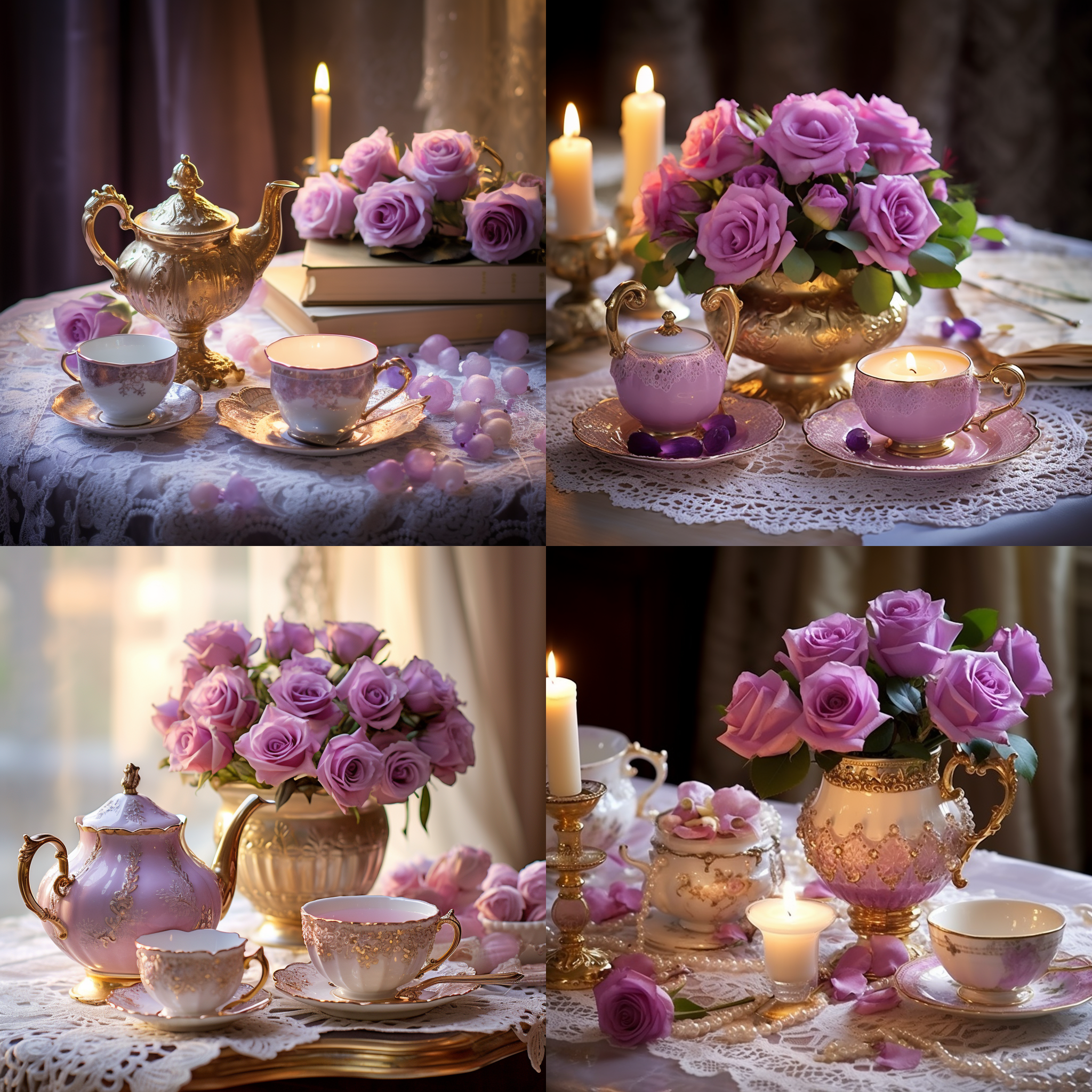 粉色蕾丝边华丽桌子，金色茶具，可爱小点心，复古花瓶，漂亮玫瑰，金边紫色蕾丝椅子，光线柔和，饱满色彩，优雅氛围，细节精致，浪漫情调。