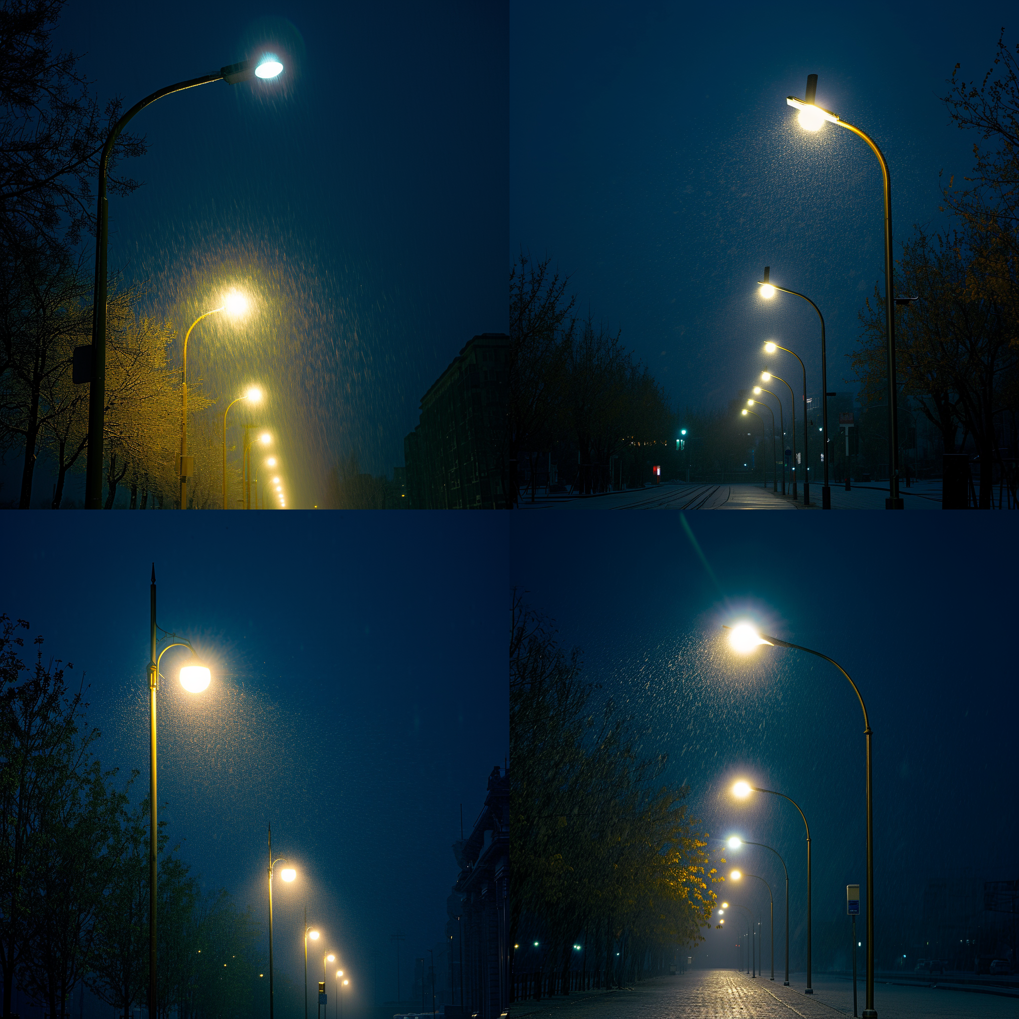 路灯照亮了一条街道，远处是一座宏伟的建筑物。夜晚的黑暗中，路灯的光芒映照在地面上，创造出柔和的光影效果。构图简洁明快，呈现出城市的繁华与安宁。黄色的路灯照亮了街道，给人一种温暖的感觉。街道两旁的树木随风摇曳，增添了一丝生机。