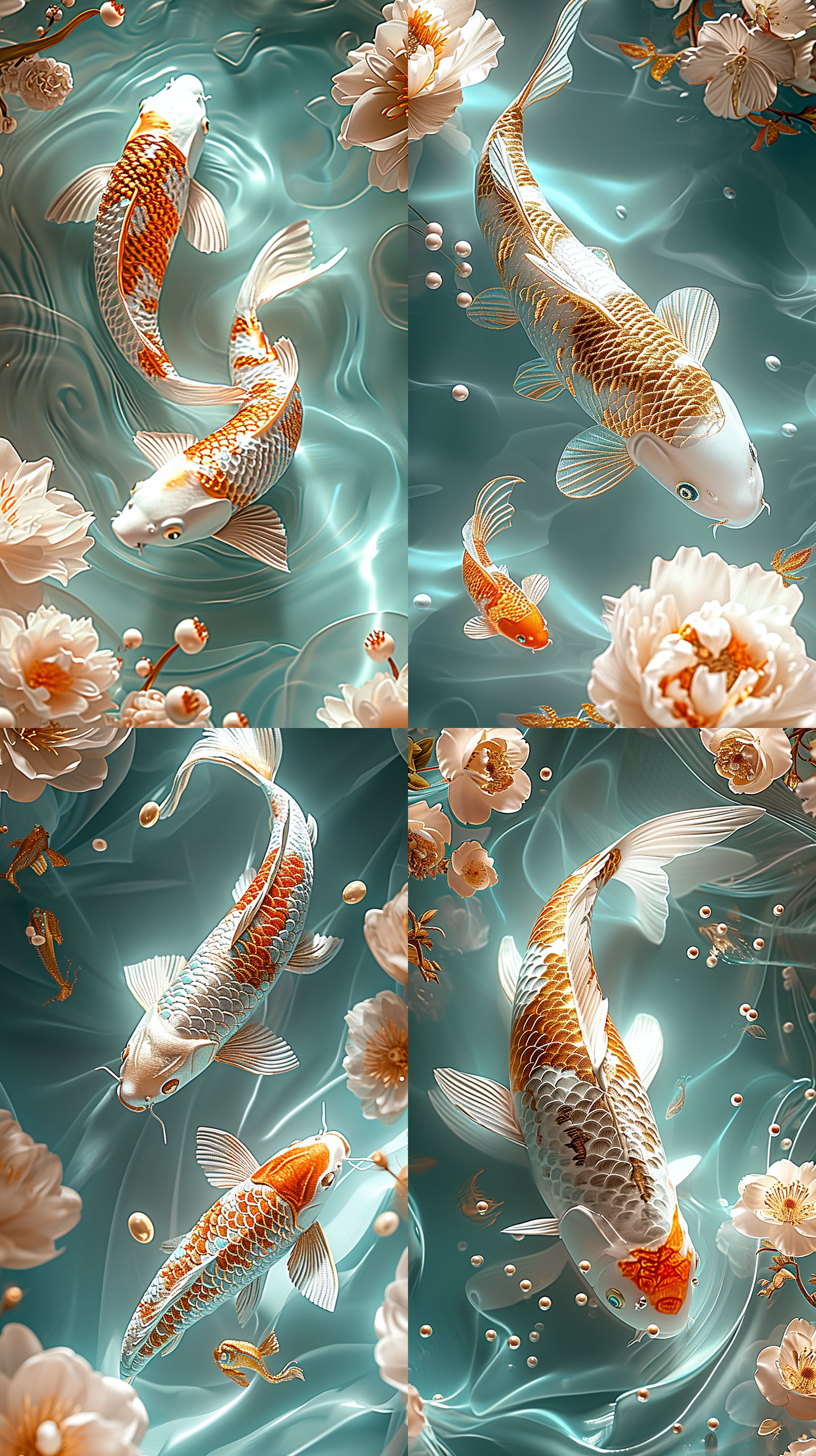 中国刺绣的锦鲤，贝母珠片，金线夹丝，小珍珠串点缀，以浅绿松石和金色的风格，浅白色和深蓝色，薄纱面料，精心设计，细致的细节，手绘细节，浅翡翠和白色，精湛的工艺，柔软，梦幻般的质量，多层，传统精华，有机材料，电影质感，前景模糊，c4d oc渲染，柔和照明 大广角