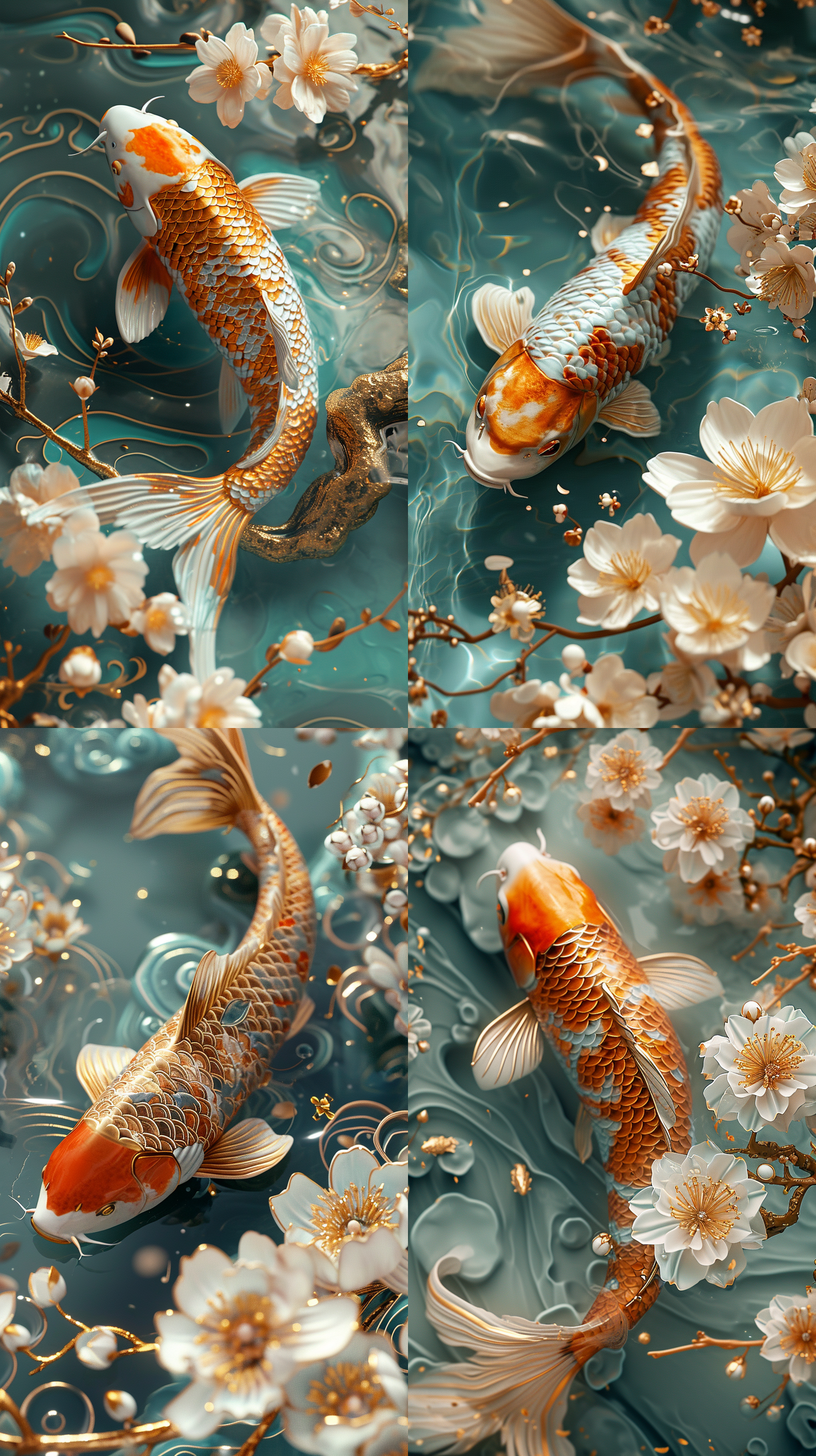 金色锦鲤和花朵 浅白色和深蓝色 特写 柔和照明 超高细节 景泰蓝主义 以浅绿松石和金色的风格 花朵盛开 俯瞰水面 吉田昭彦 c4d oc渲染