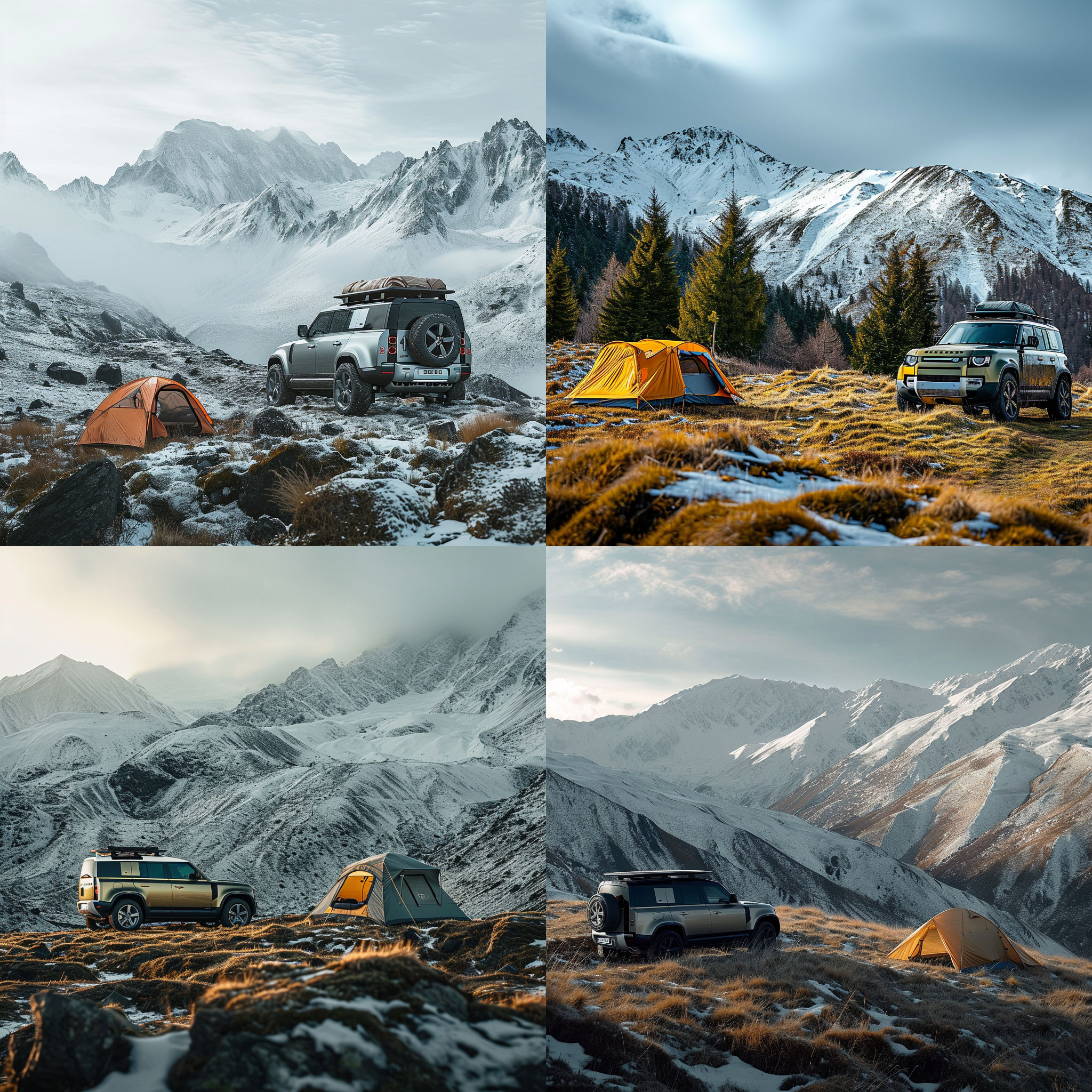 全景构图，长焦镜头，路虎新型卫士越野车，帐篷，山坡，雪山，低角度，自然纪实风格，电影感色彩调整，视觉冲击力，情绪表达