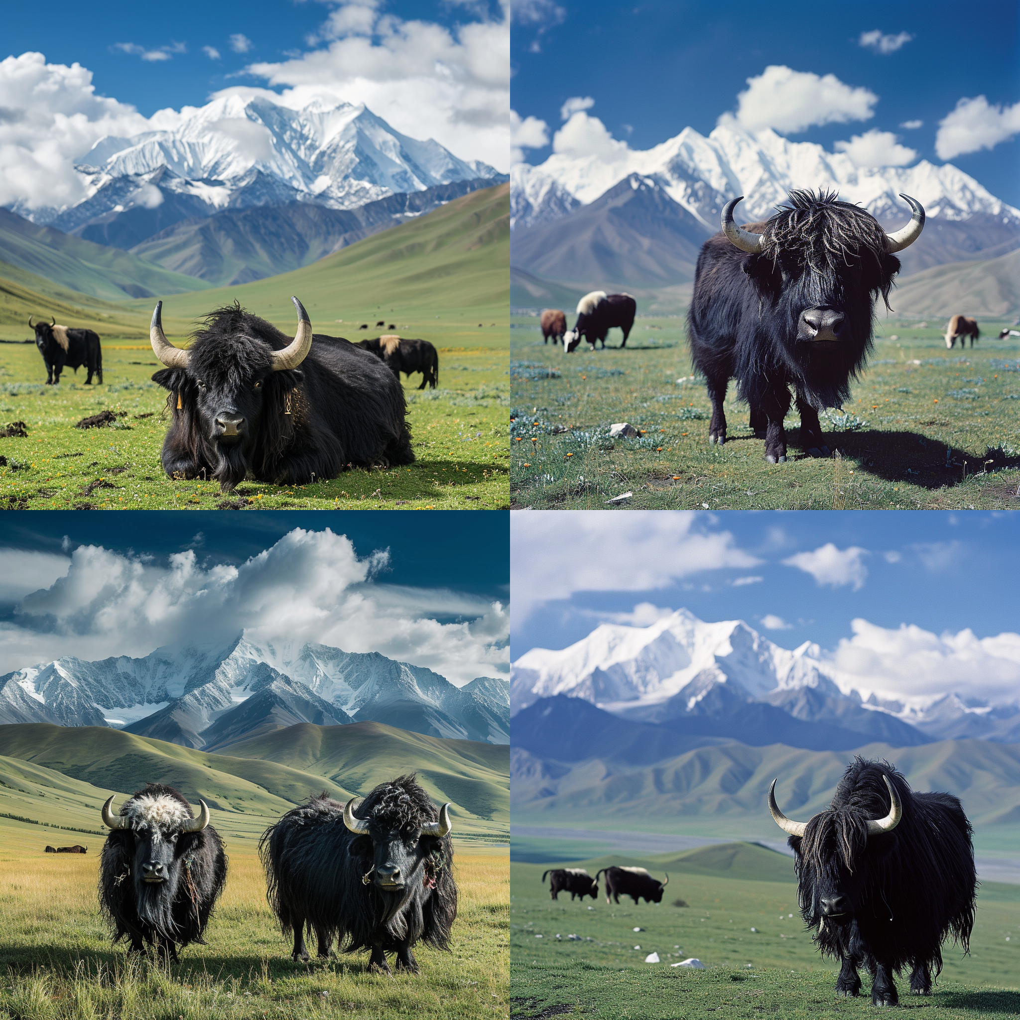藏牦牛，居高原，背景是广阔的雪山和蓝天，慢速快门捕捉到它优雅的姿态，黑色皮毛和白色角的对比，周围有苍翠的草原，远处还有奔跑的野马。壮观的景色与牦牛的力量相得益彰，给人一种宁静和壮丽的感觉。