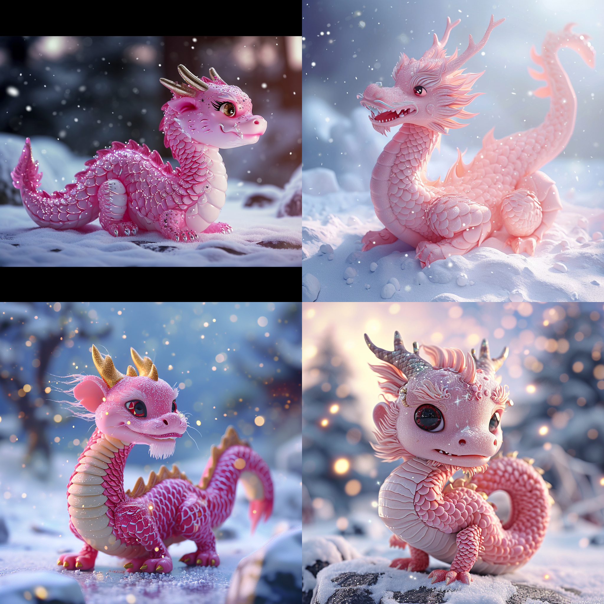 一只粉色可爱的小中国吉祥龙，在雪地里，伴着星星光亮，3d动画风格，c4d,渲染器，全身像镜头，电影照明，高质量，多细节，高清