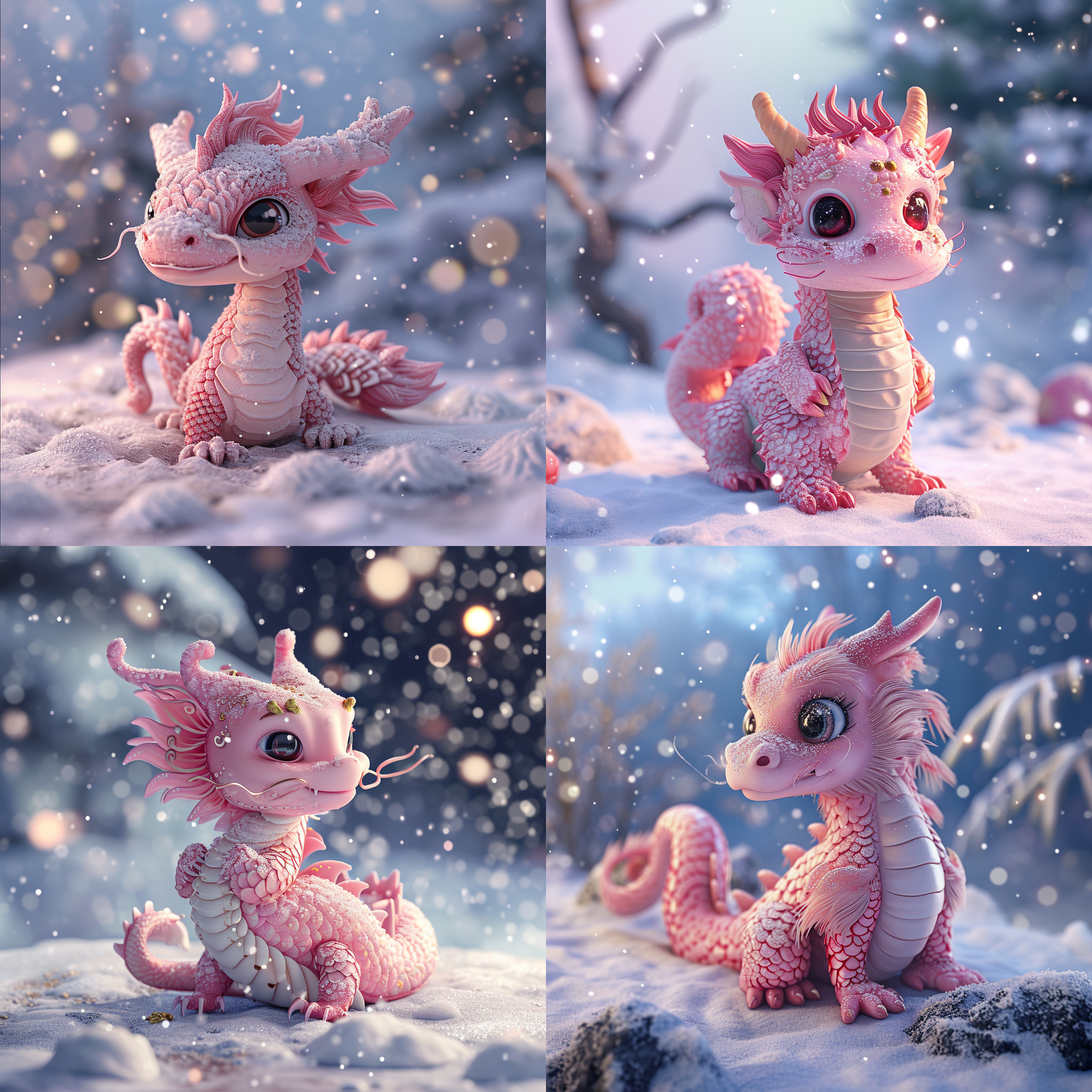 一只粉色可爱的小中国吉祥龙，在雪地里，伴着星星光亮，3d动画风格，c4d,渲染器，全身像镜头，电影照明，高质量，多细节，高清