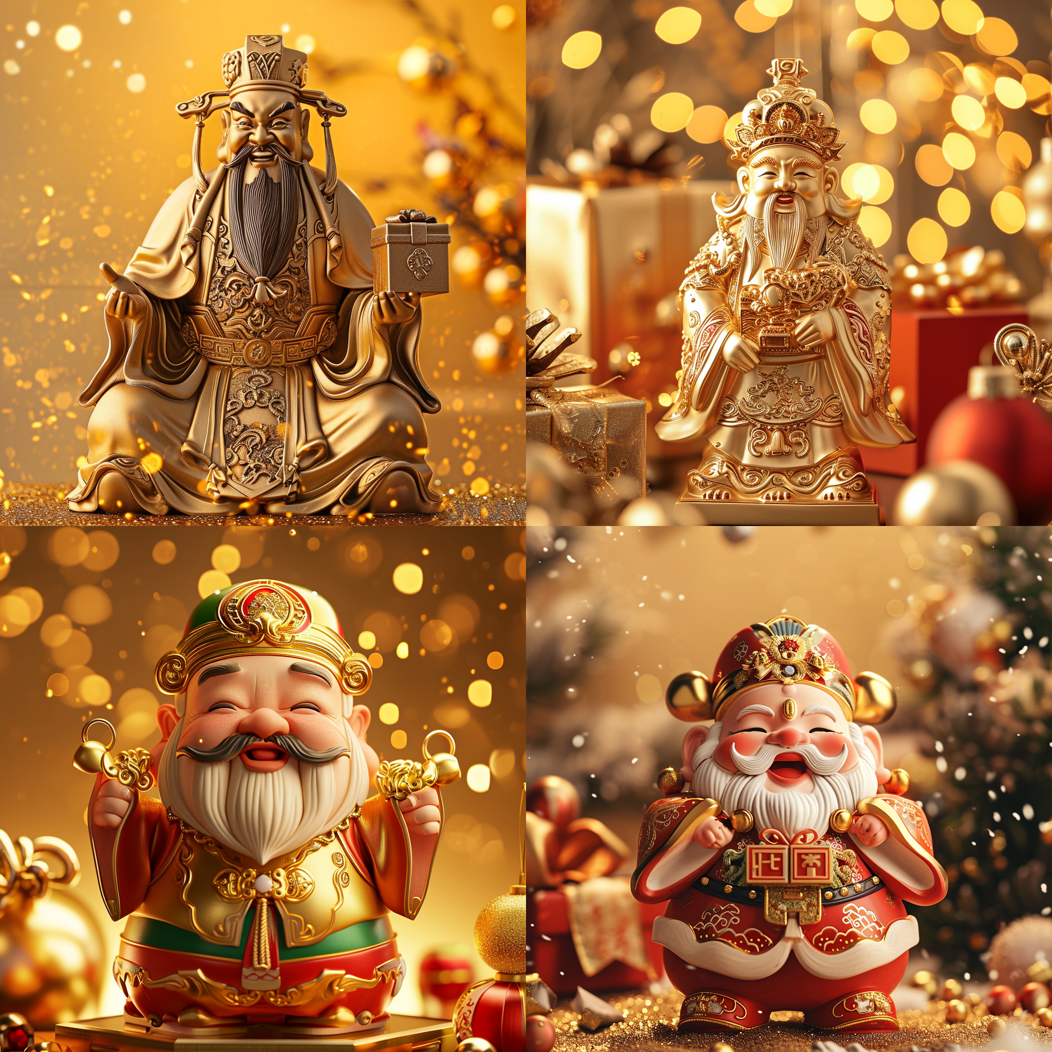 a god of wealth, behind is a gift box, golden background, the atmosphere of the new year