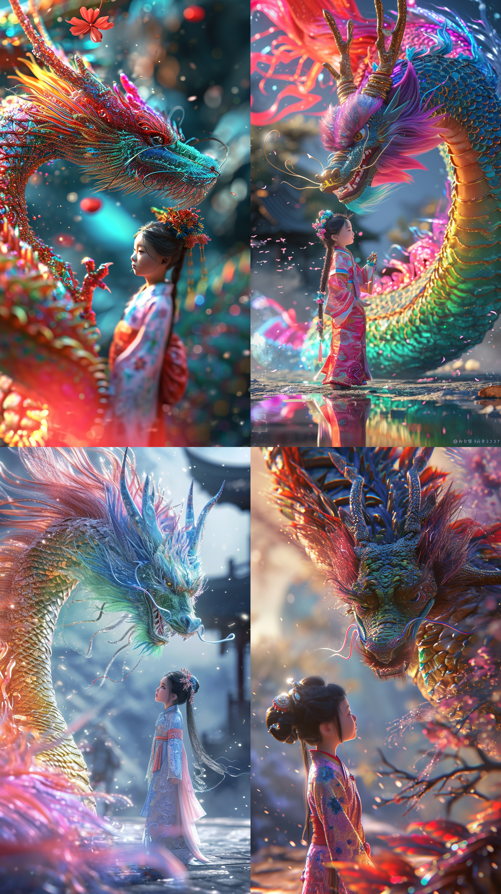lose up,rainbow dragon surrounded by a cute little chinese girl,10 years old,wearing gorgeous hanfu, rainbow dragon,grand scene, minimalism, chinese dragon, c4d rendering, surrealism, master works, movie lighting, ultra hd, fine detail, color rating, 32k hd