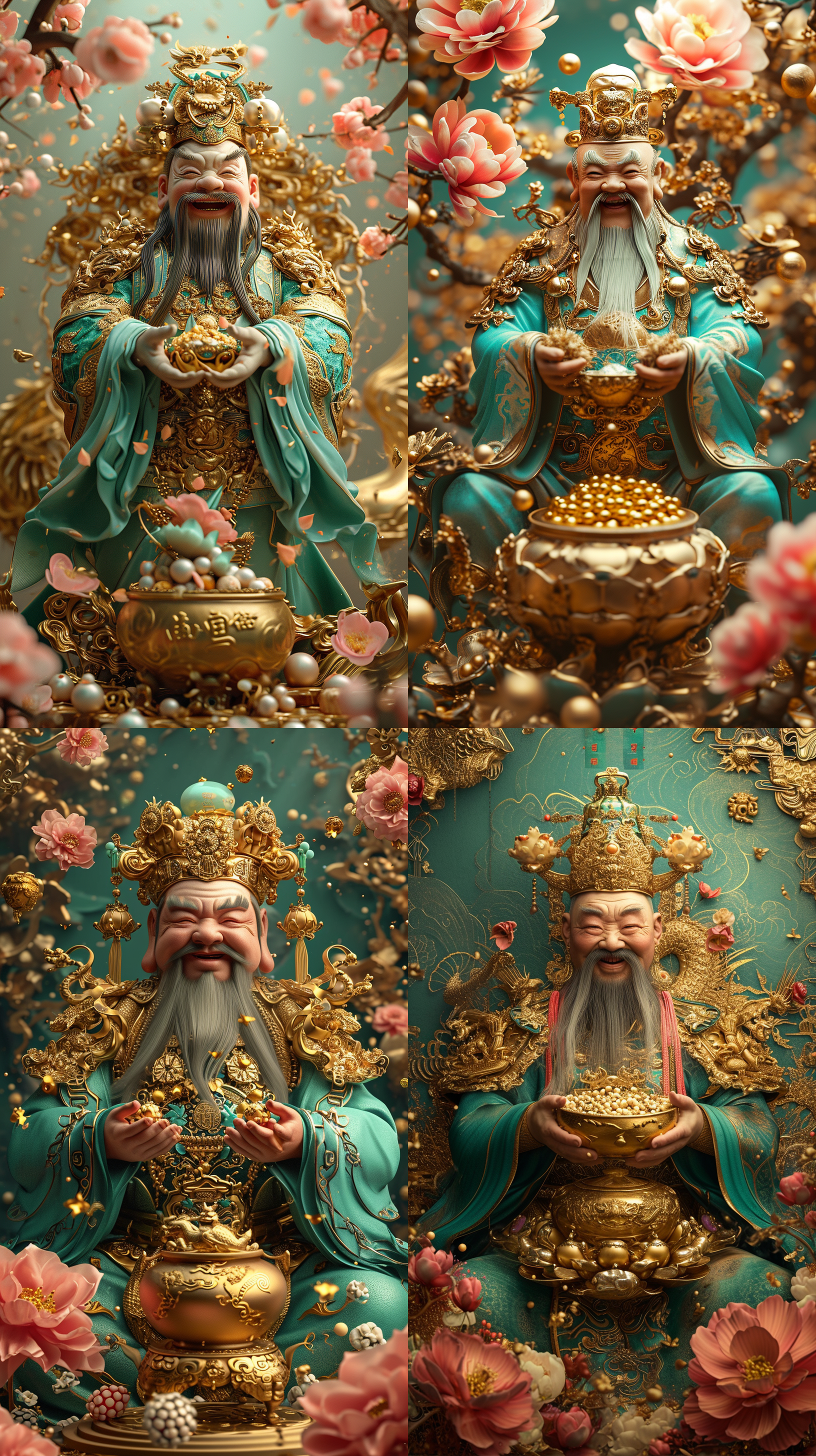 中国人 财神 花朵 可爱 坐在金元宝上 金线夹丝 珠光宝气 梦幻般的质量 以浅绿松石和金色的风格 双手捧着闪闪发光的金元宝 开心微笑 全身 长镜头 肖像 对称 柔和照明 超现实 电影质感