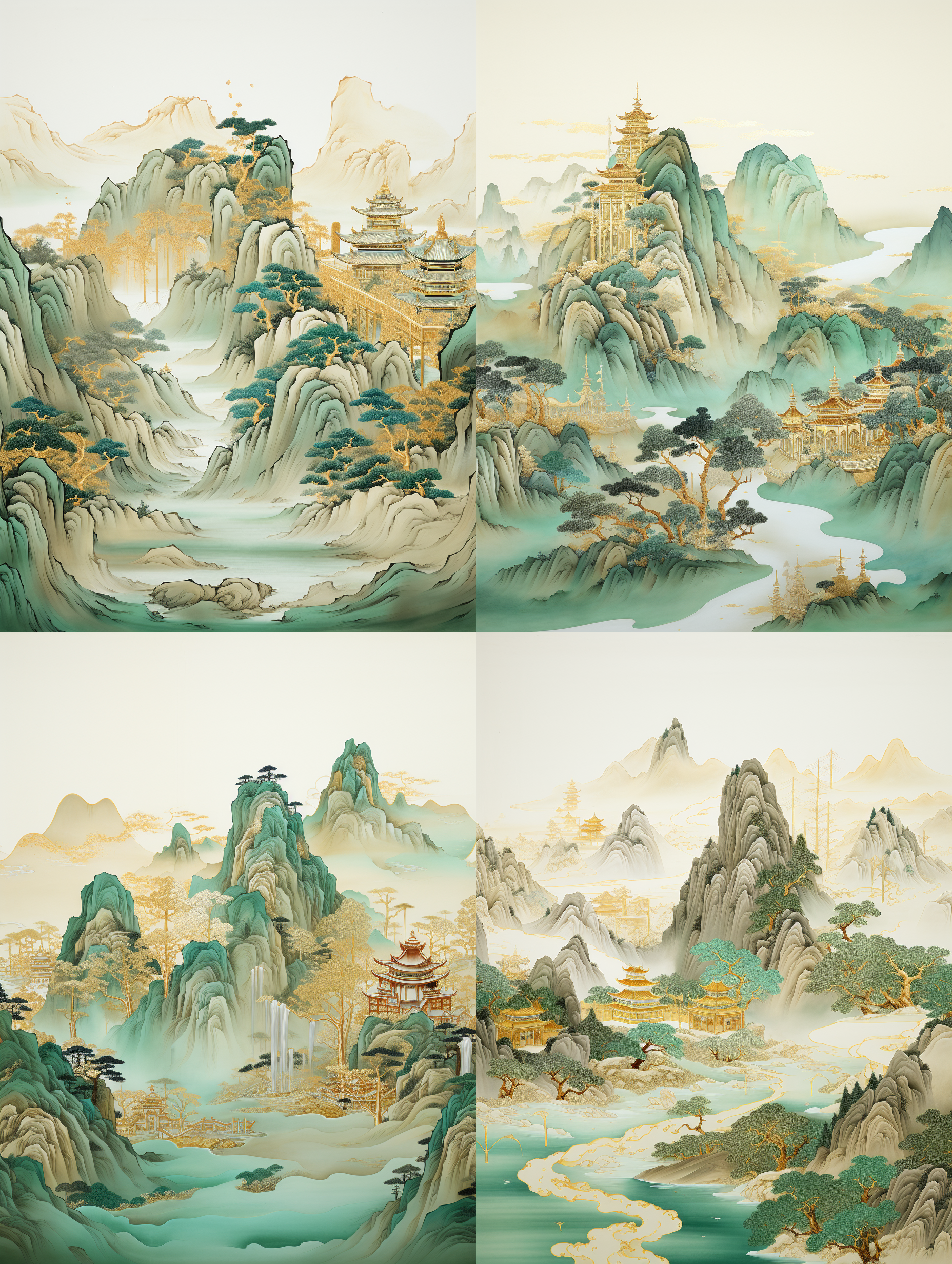 chinese embroidery craft of a golden-blue-green mountain with pavilions and trees, gilding, flowing liquid gold, minimalist color field, freehand brushwork, blank-leaving, organic form, simple background
