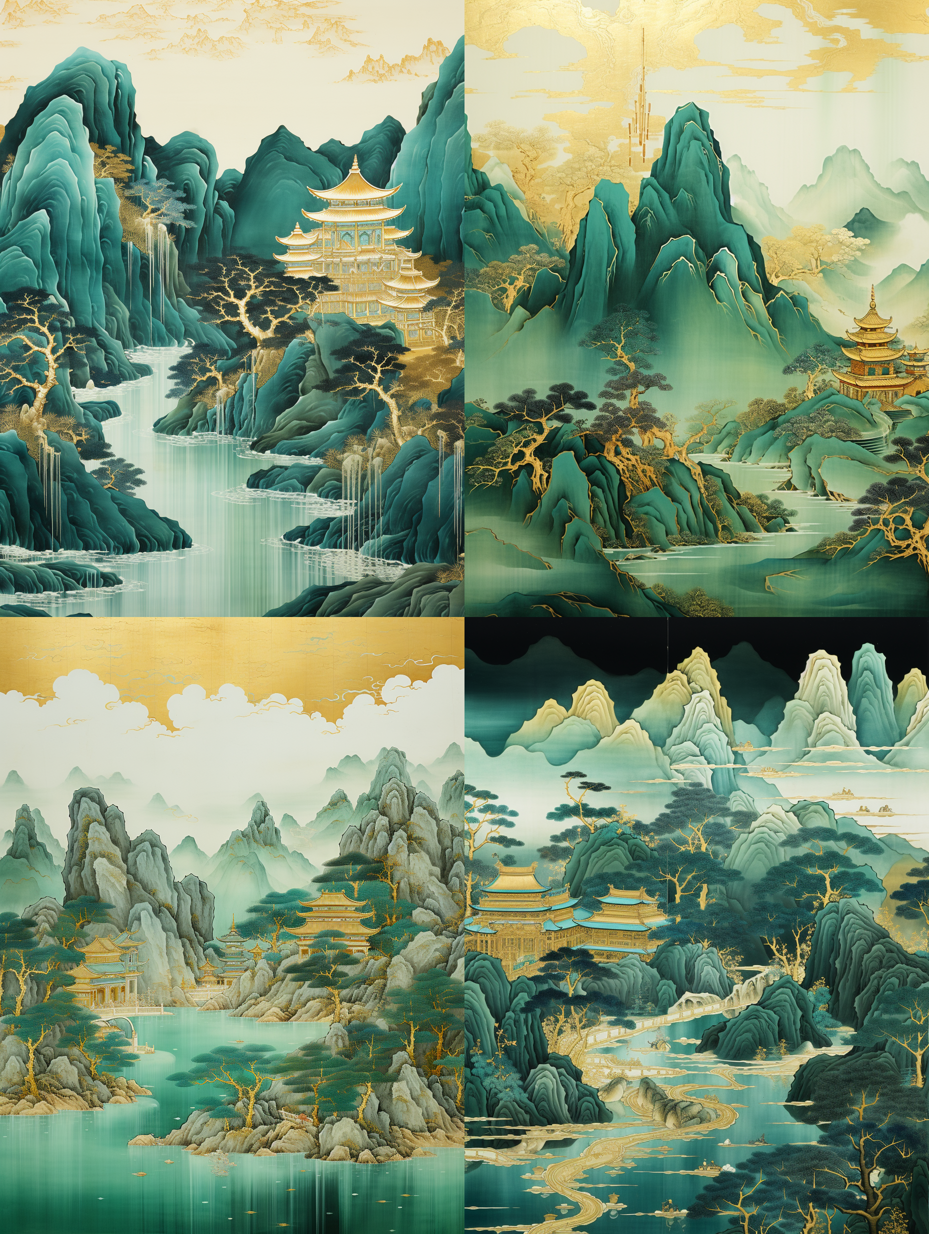 chinese embroidery craft of a golden-blue-green mountain with pavilions and trees, gilding, flowing liquid gold, minimalist color field, freehand brushwork, blank-leaving, organic form, simple background
