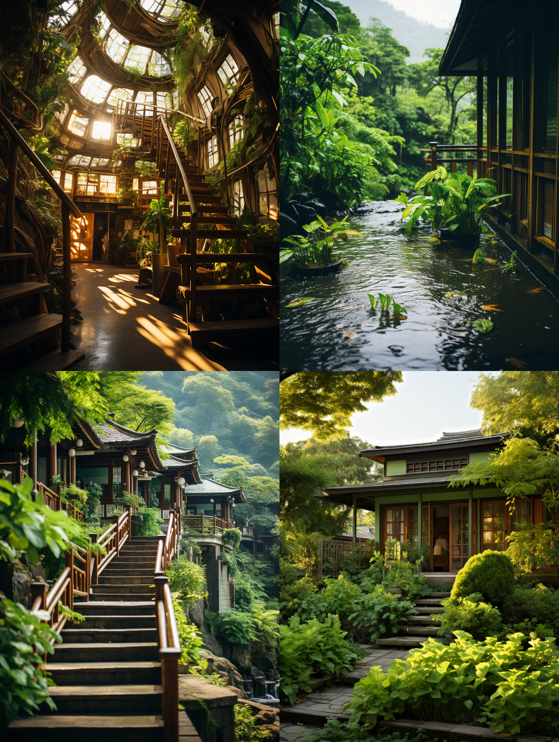 竹林小屋，朦胧光线，自然环境，远景构图，竹子搭建，柔和色调，鱼眼镜头，静态，宁静，恬淡。 古代中式 日式园林 植物亲和力 航拍视角 白绿 园林 世外桃源