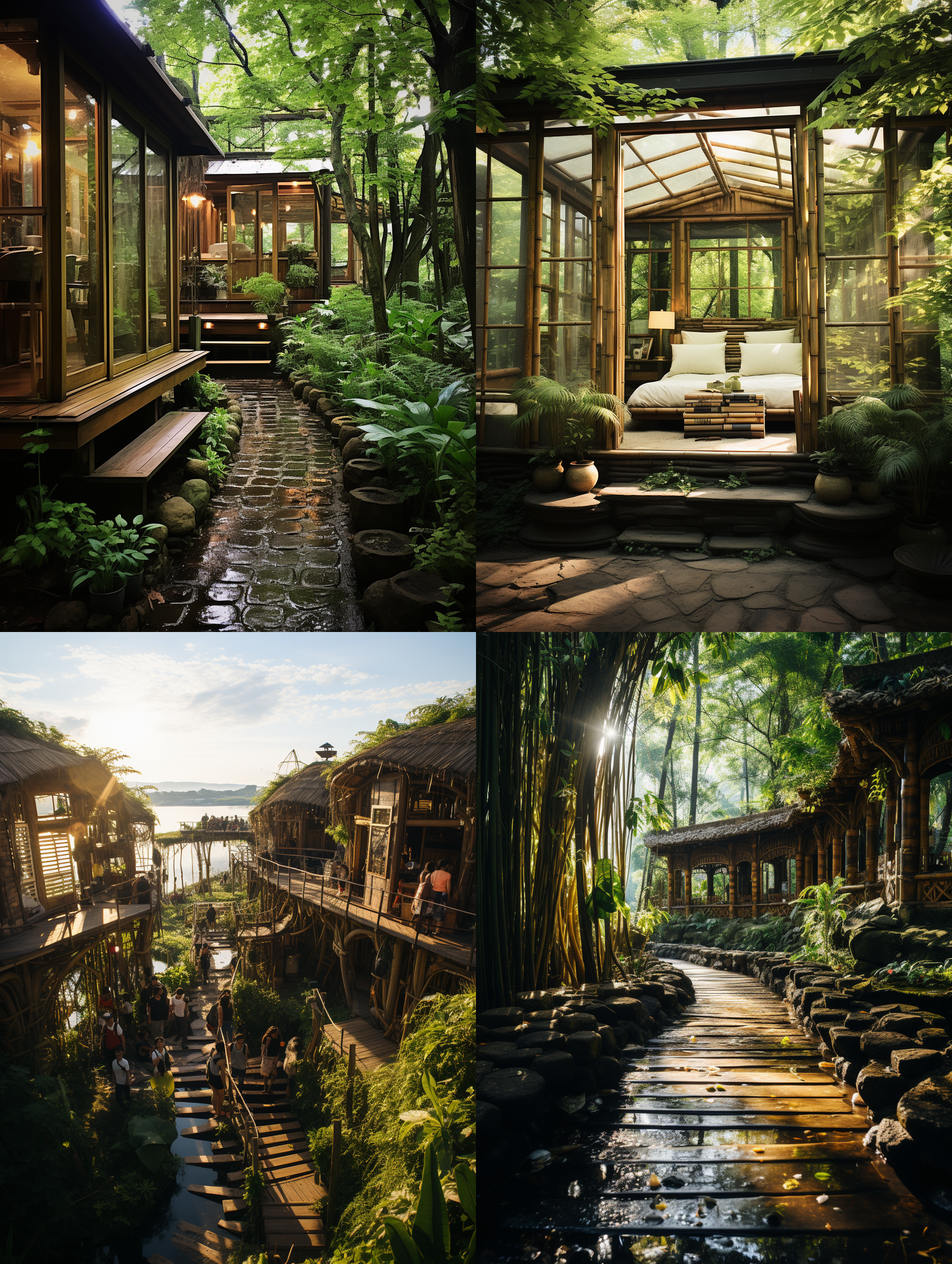 竹林小屋，朦胧光线，自然环境，远景构图，竹子搭建，柔和色调，鱼眼镜头，静态，宁静，恬淡。 古代中式 日式园林 植物亲和力 航拍视角 白绿 园林 世外桃源