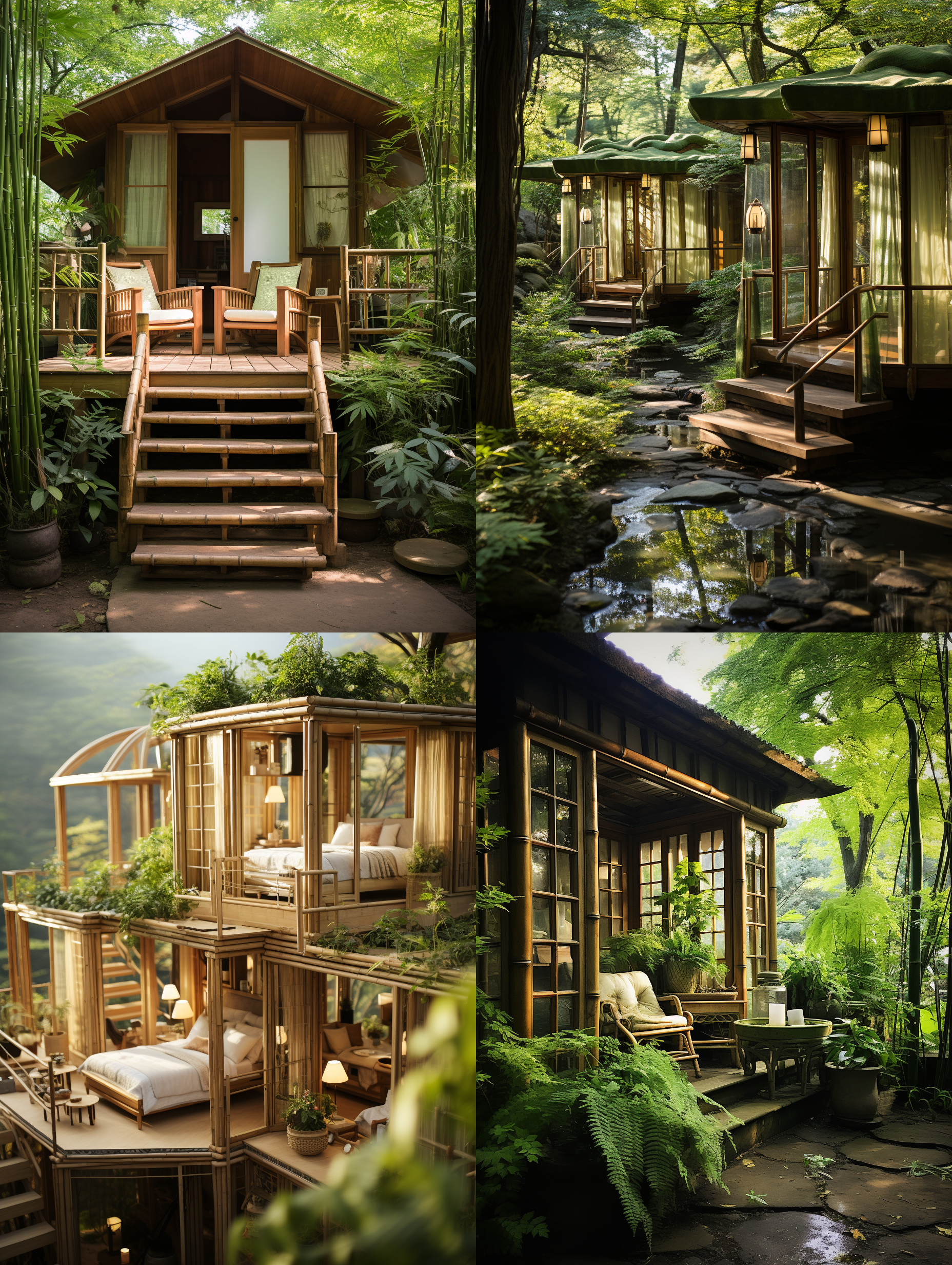 竹林小屋，朦胧光线，自然环境，远景构图，竹子搭建，柔和色调，鱼眼镜头，静态，宁静，恬淡。 古代中式 日式园林 植物亲和力 航拍视角 白绿 园林 世外桃源