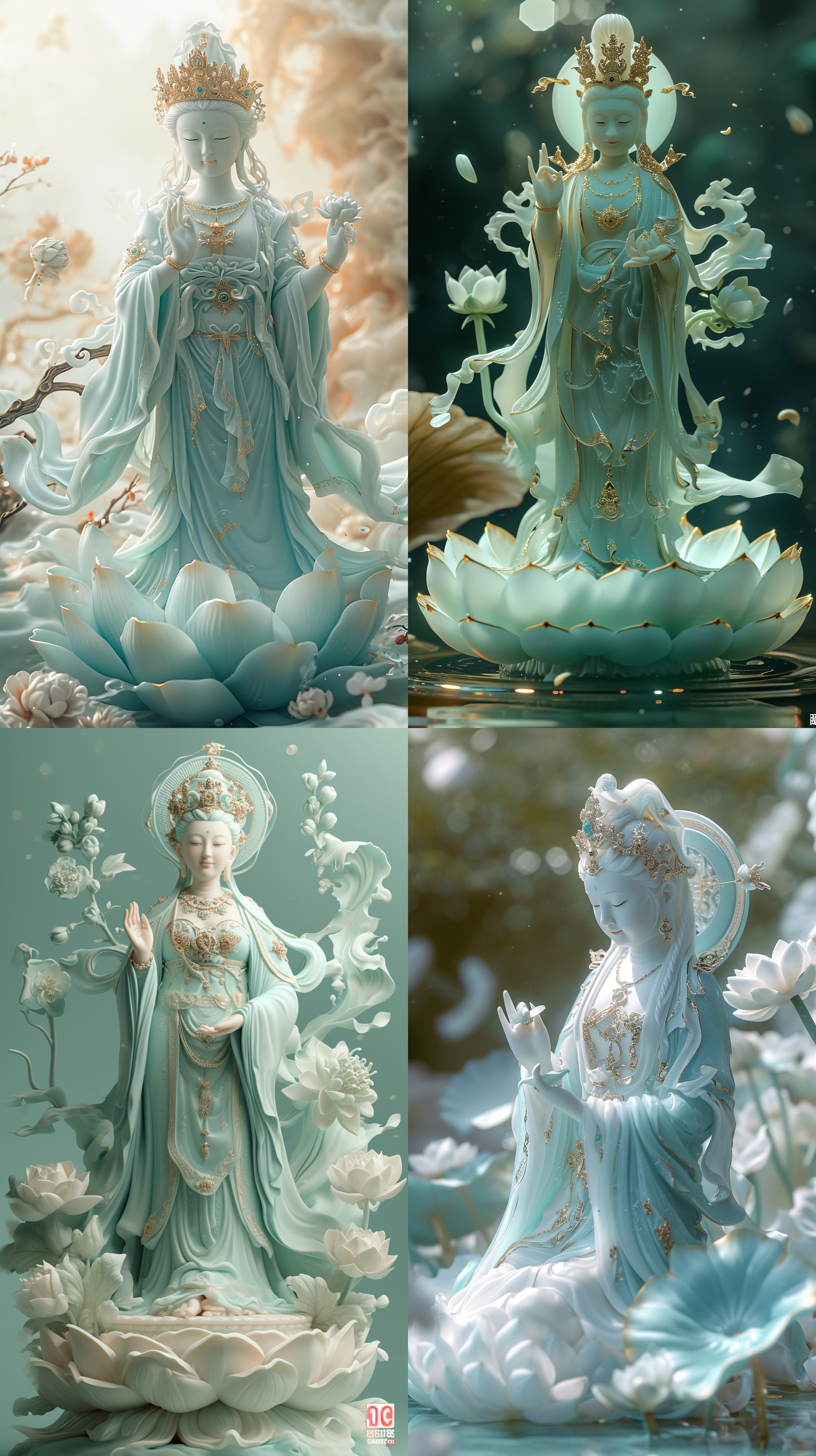 观音菩萨 莲花座 蓝衣 右手荷花 左手柳叶 开心微笑 全身 以浅绿松石和金色的风格 浅翡翠和白色 梦幻般的质量 多层 传统精华 有机材料 前景模糊 c4d oc渲染 柔和照明 大广角 吉田昭彦 幻想艺术 长镜头 肖像 对称 柔和照明 超现实 电影质感