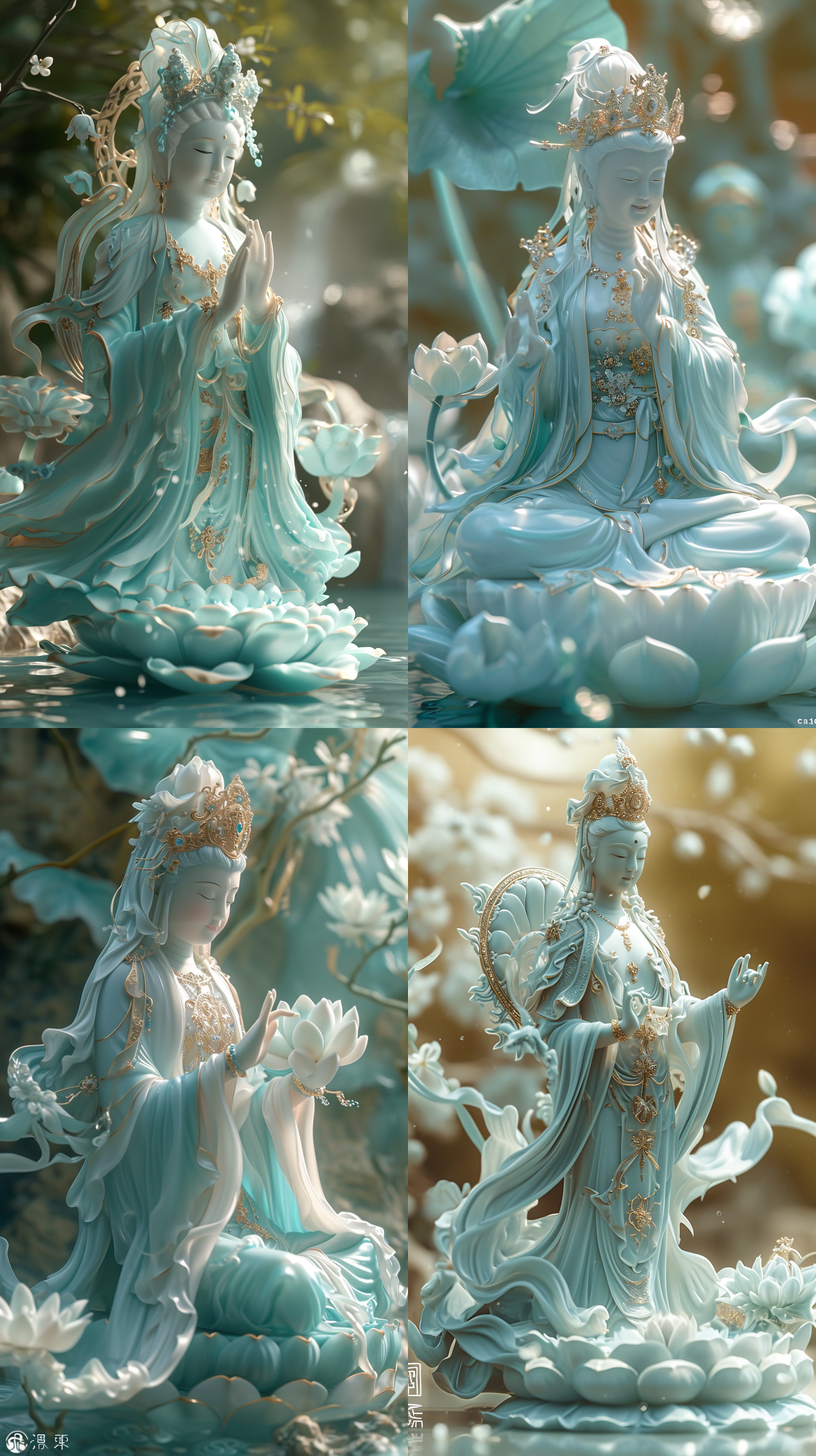观音菩萨 莲花座 蓝衣 右手荷花 左手柳叶 开心微笑 全身 以浅绿松石和金色的风格 浅翡翠和白色 梦幻般的质量 多层 传统精华 有机材料 前景模糊 c4d oc渲染 柔和照明 大广角 吉田昭彦 幻想艺术 长镜头 肖像 对称 柔和照明 超现实 电影质感