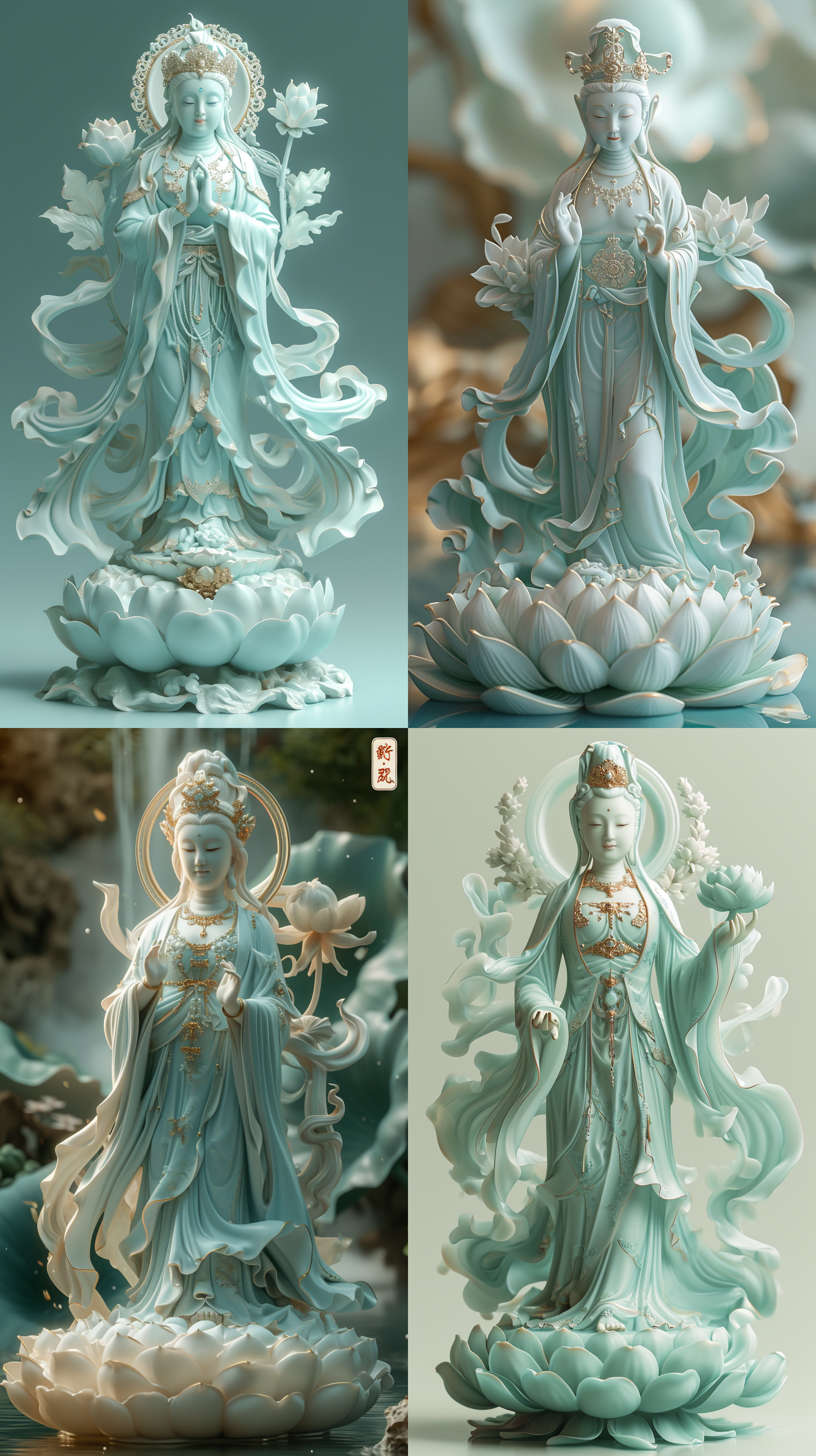 观音菩萨 莲花座 蓝衣 右手荷花 左手柳叶 开心微笑 全身 以浅绿松石和金色的风格 浅翡翠和白色 梦幻般的质量 多层 传统精华 有机材料 前景模糊 c4d oc渲染 柔和照明 大广角 吉田昭彦 幻想艺术 长镜头 肖像 对称 柔和照明 超现实 电影质感