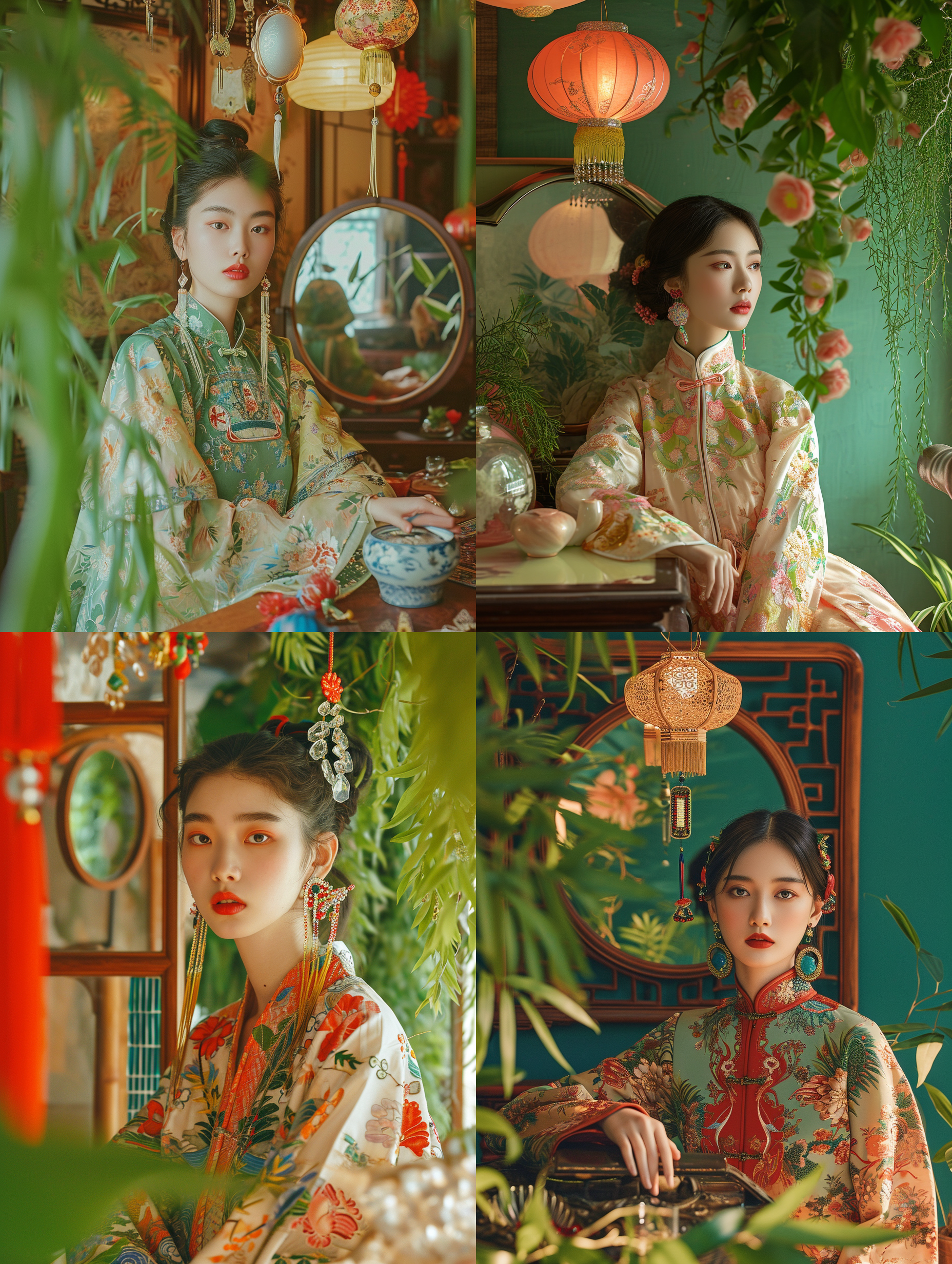 a model wearing a traditional chinese dress, and a display of colorful accessories. chinese lanterns hang from the ceiling, casting a warm glow on the scene. the composition is balanced with the model positioned slightly off-center. the image captures the essence of modern chinese fashion with a touch of tradition. vibrant, commercial, fashion shop, chinese style, green theme color, wooden architecture, crystal tile, dressing table, elliptical mirror, hanfu area, traditional dress, colorful accessories, chinese lanterns, warm glow, balanced composition, modern, traditional. 白绿