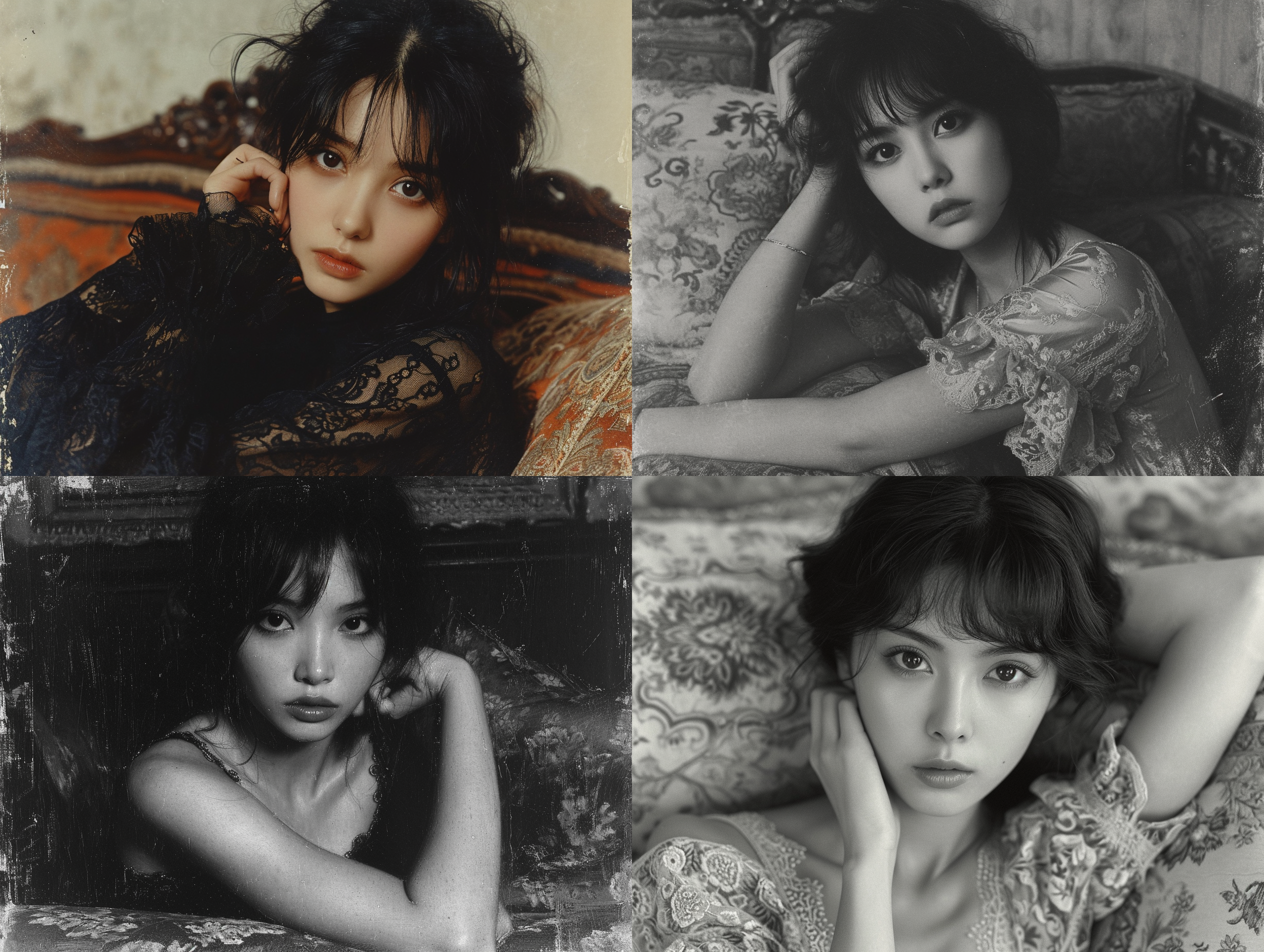 中国女孩坐在沙发上，伦勃朗照明下，展现超写实风格。沙发位于明亮的客厅中央，女孩优雅地侧躺，一只手轻轻托腮，目光远离镜头。画面呈现出高度细腻的肤色和纹理，通过伦勃朗照明营造出柔和的阴影和明亮的高光。黑白色调强化了形象的对比，突出了女孩的神秘和内敛。