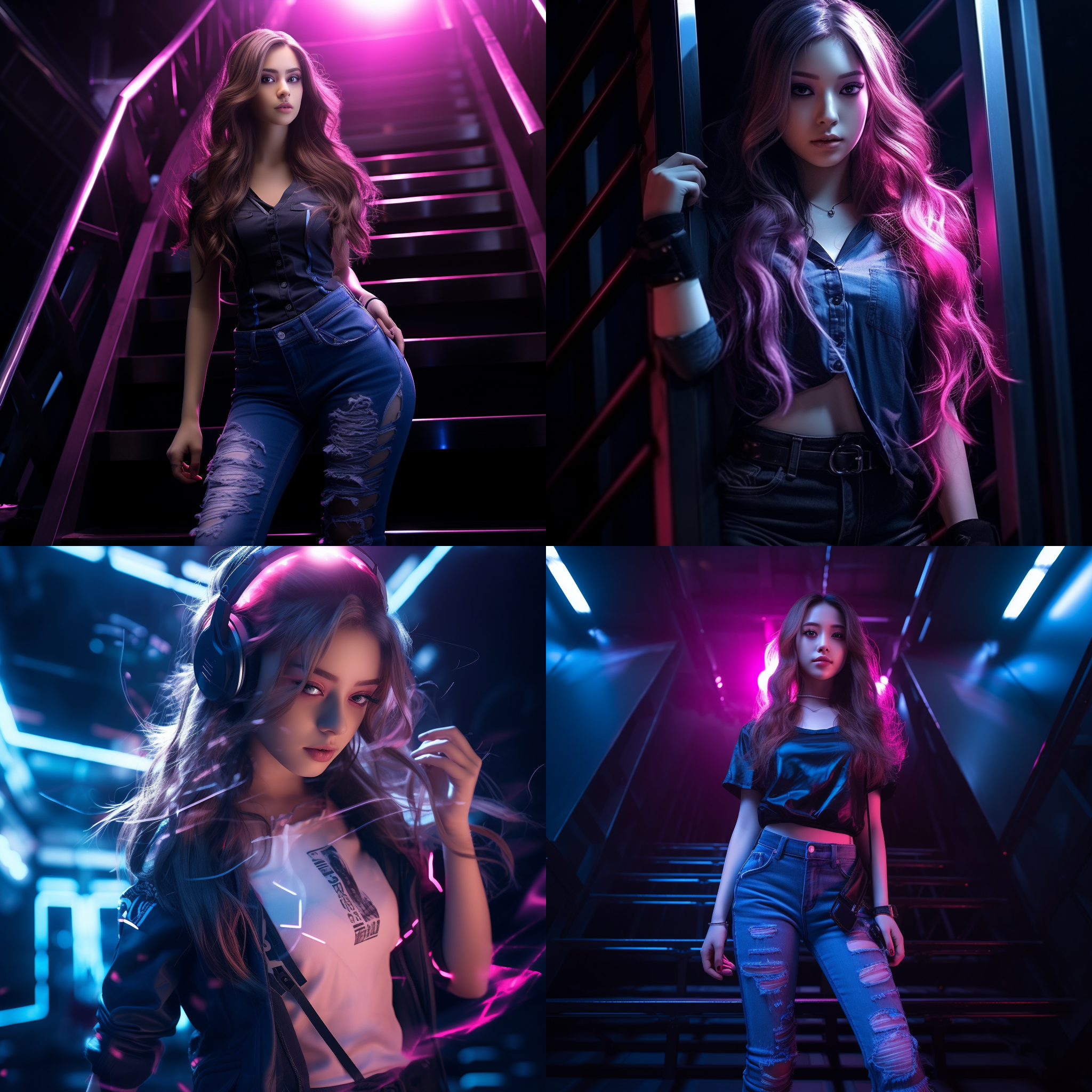 最高品质，杰作，超高分辨率，原始照片，美丽而美学，深阴影，暗黑主题，（逼真：1.4），（一个长发的女孩，印花衬衫，小脸，露肩，可爱技术，粉色系，可爱，可爱的颜色，科幻），苗条身材，健美，牛仔镜头，优雅姿态，唤起情绪的氛围，具有吸引力的存在感，优雅的诱惑，迷人的神秘感，复杂的禅绕图案，单个女性形象，惊人的细节水平，丰满的魅力，人像构图，引人注目的透视，混乱的杰作，优雅的姿态，灵感来自野兽派建筑，充满活力的色板，底色，户外（巴黎屋顶）