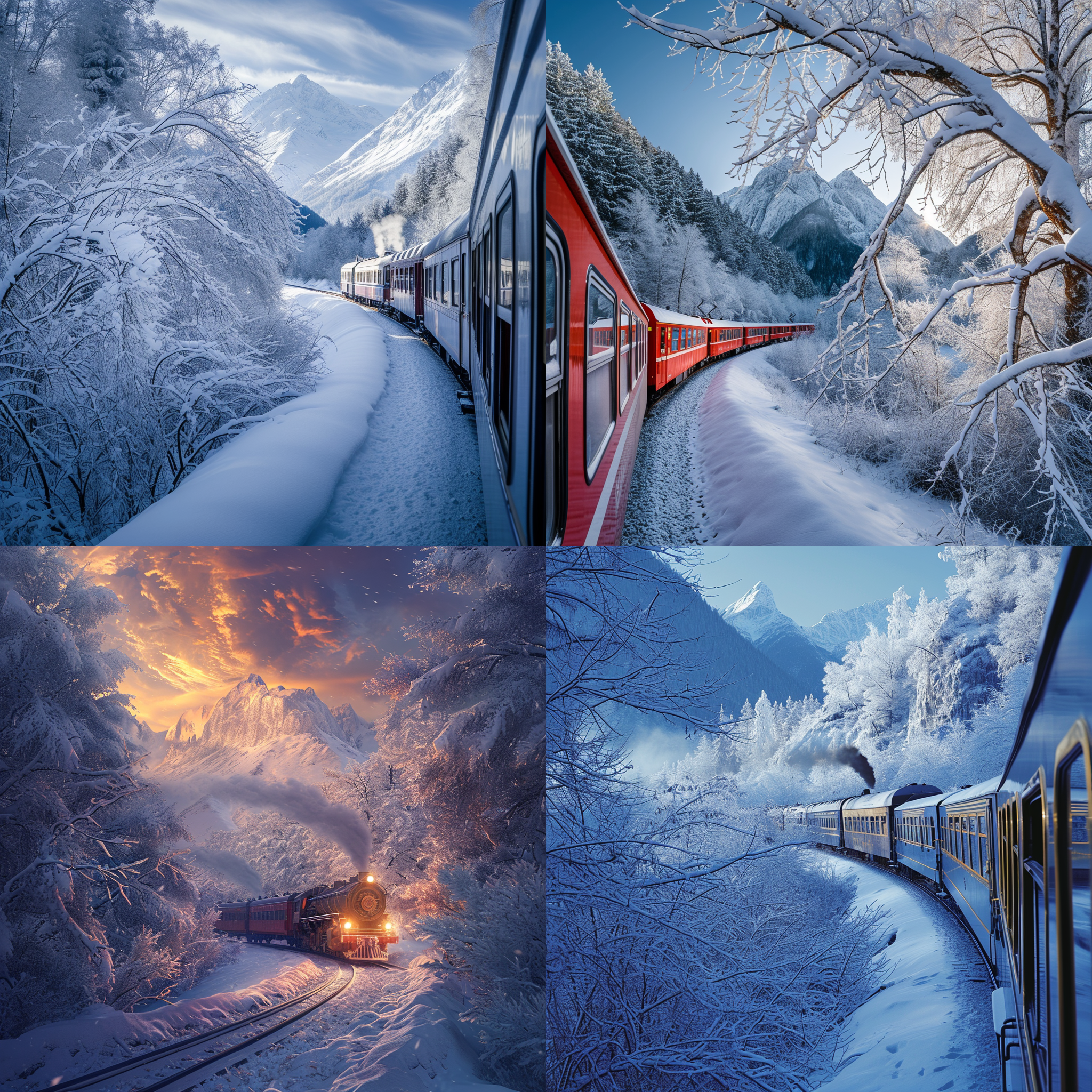 雪国列车，穿越白雪覆盖的山谷，迎面而来。列车在曲线轨道上行驶，大气扑面而来。挂满了冰晶的树枝和雪白的山峰作为背景，营造出冬季的神秘氛围。彩色风格，广角镜头，逆光，高速行进，冰冷，壮观。