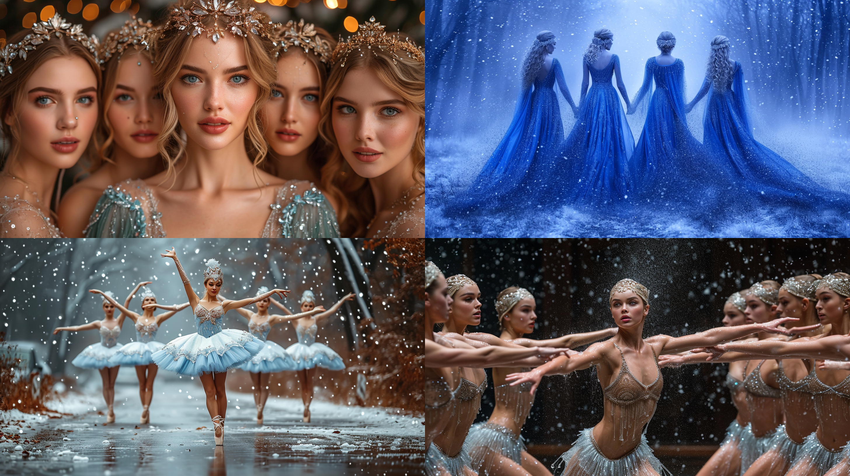 6位芭蕾舞女演员，蓝色裙子，水晶头饰，雪花背景，高清晰度，柔化焦点，布景构图，舞台灯光