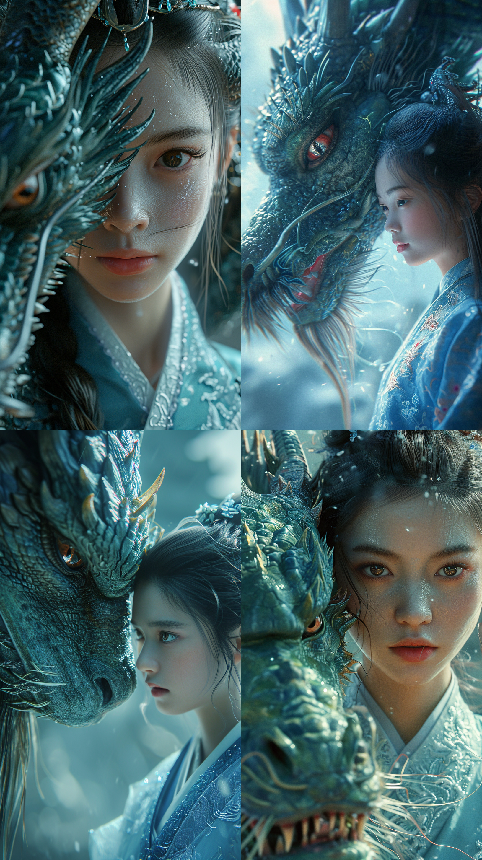 中国女孩穿着青色传统汉服，与一条巨型青龙在大场景中。特写镜头展现了龙的栩栩如生细节，使用c4d渲染技术呈现超高分辨率的图像。电影灯光营造出神秘而宏伟的氛围。青色华丽的主调与龙的雄壮气势相得益彰。整个画面充满动感，给人一种令人惊叹的感觉。