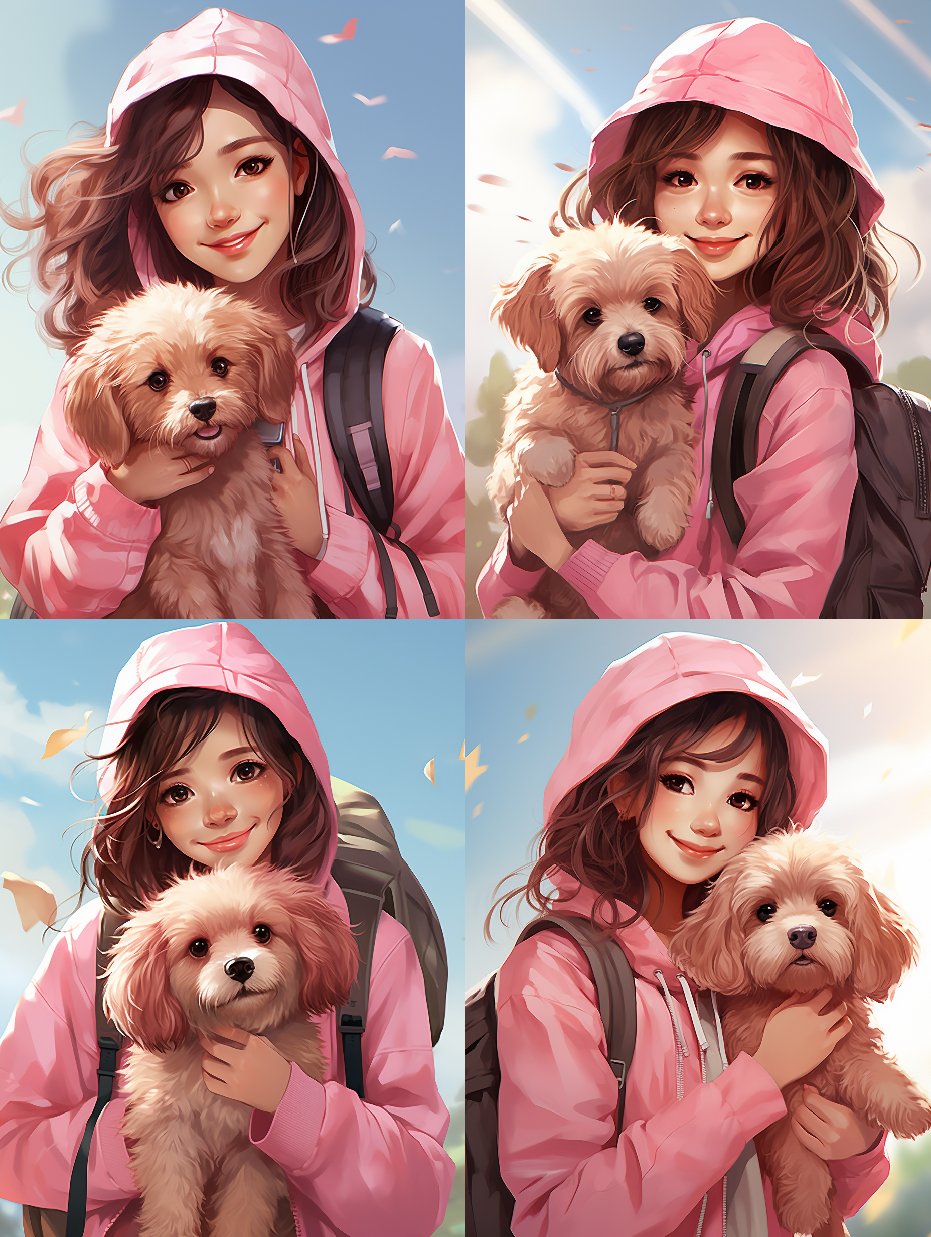 人物设定，12岁阳光少女，微笑包着宠物，手稿风格，全身图。干净的背景突出了主题。光线柔和清晰，色彩明亮，二次元手绘简洁，无背景 干净背景 干净背景 干净背景