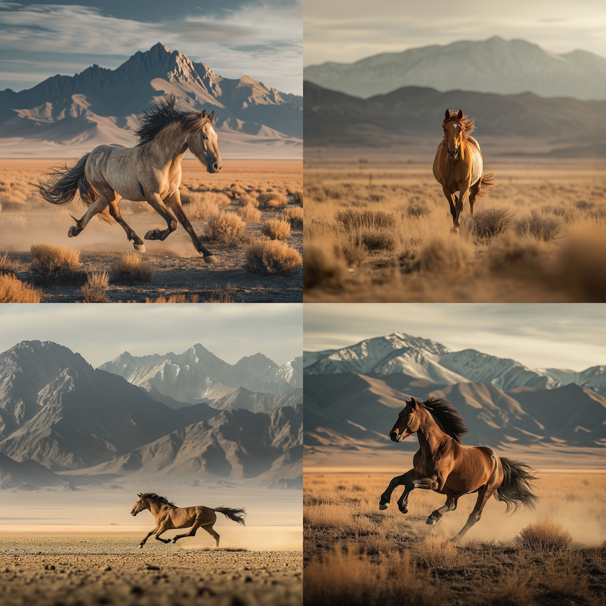 沙漠中一匹骏马奔腾而过，远处是壮丽的玉门关。照片以骏马为主体，背景为山峦和旷野。构图对称，配色以暖色调为主，突出马和关的雄壮气势。使用长焦镜头捕捉细节，光线柔和而明亮，传达自由、勇气和壮丽的情感。骏马奔腾，壮丽的玉门关，对称构图，暖色调，长焦镜头，明亮柔和的光线，自由，勇气，壮丽。