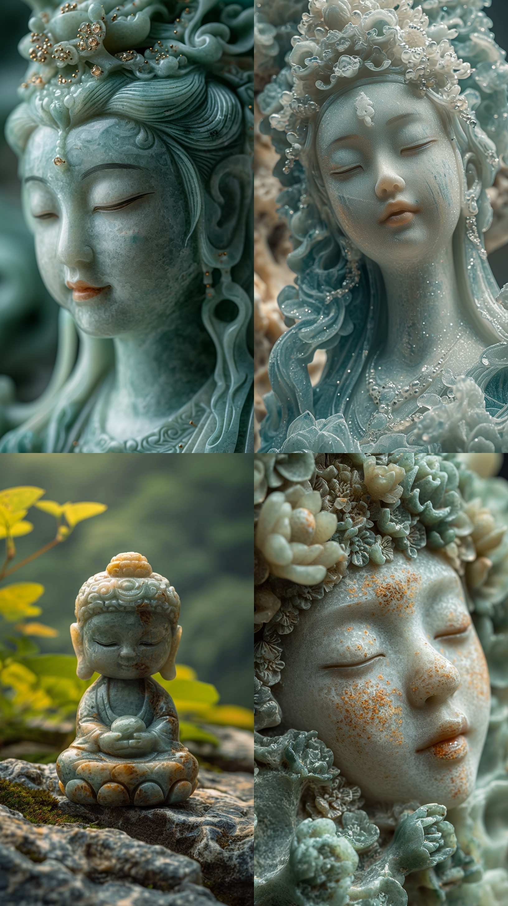 可爱的中国娃娃，特写，翡翠材质，琉璃，细节鲜明，清晰对比，宁静氛围，微距，自然绿，玉