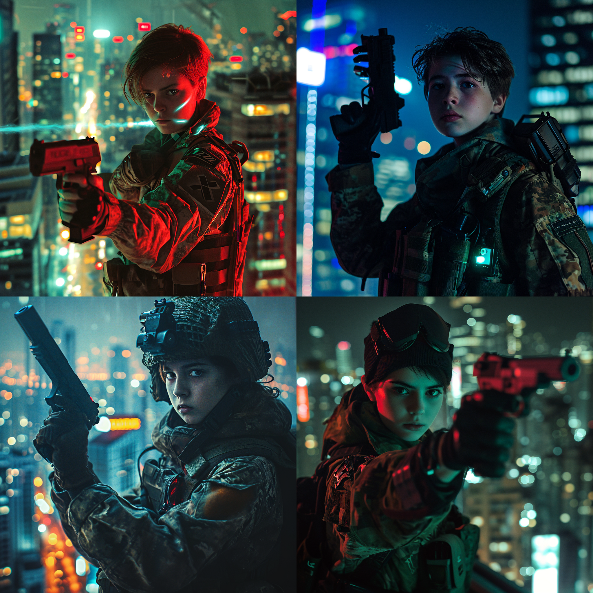 a teenager dressed in combat uniform, holding up a laser gun in one hand, the city background at night, the lights are fading