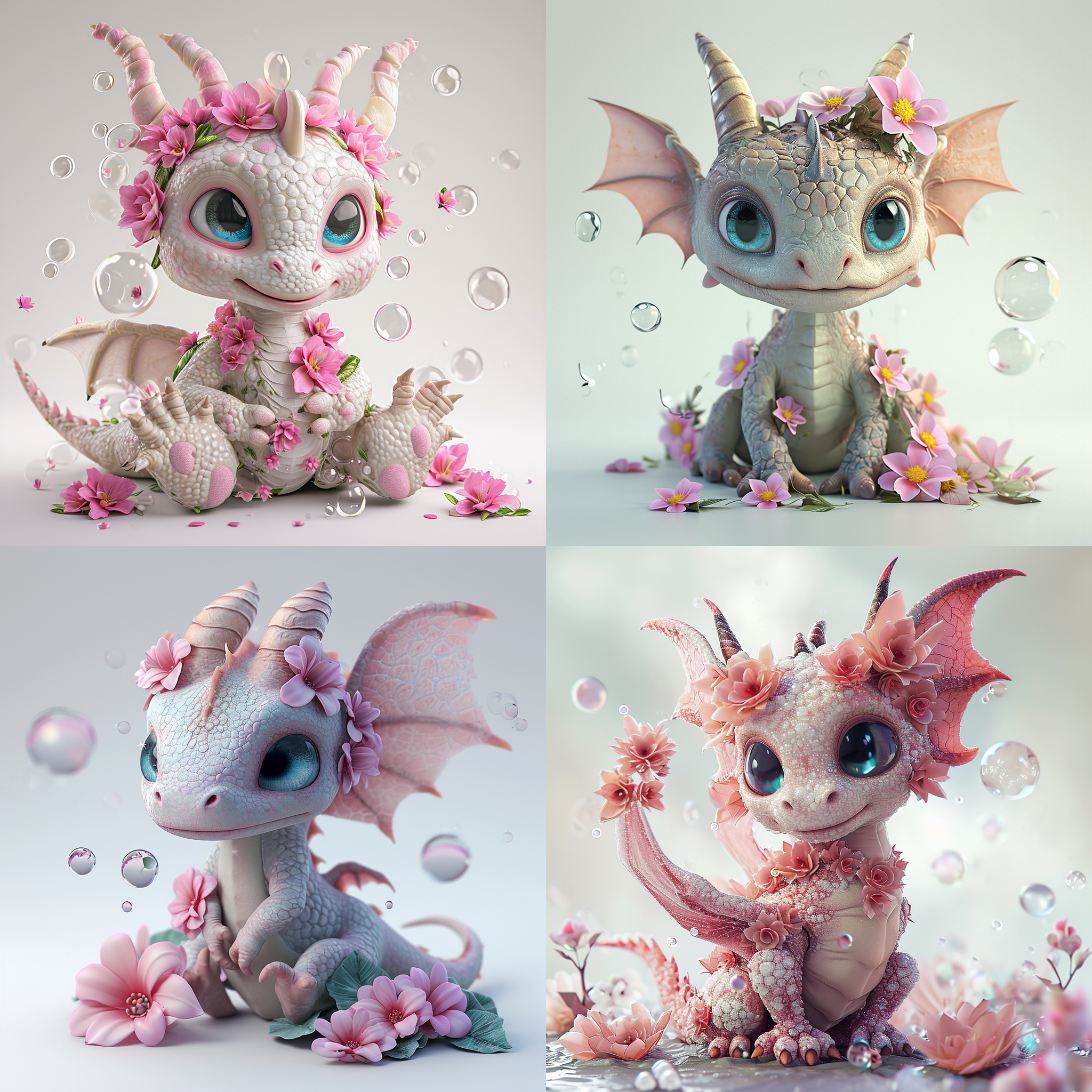q版可爱龙宝宝，身上有粉色花，全身拍摄，卡通形象，蓝色眼睛，耳朵和角，翅膀，自然采光，超详细，浅白色背景，c4d，渲染，悬浮的泡泡