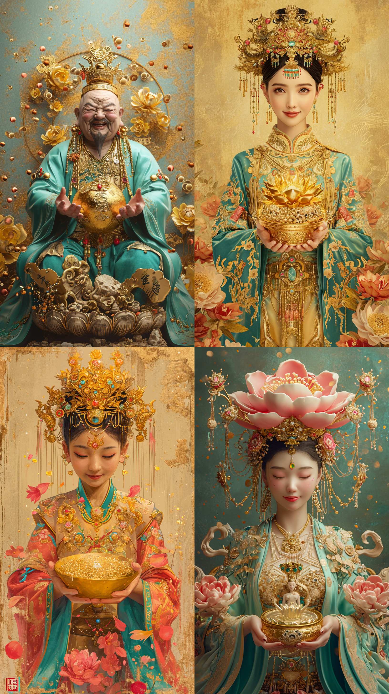财富之神 花朵 坐在金元宝上 一个美丽的中国人 金线夹丝 珠光宝气 梦幻般的质量 以浅绿松石和金色的风格 双手捧着闪闪发光的金元宝 开心的笑 全身 长镜头 肖像 对称 柔和 伦勃朗照明 阿德里安·津格 幻想艺术 超现实 电影质感