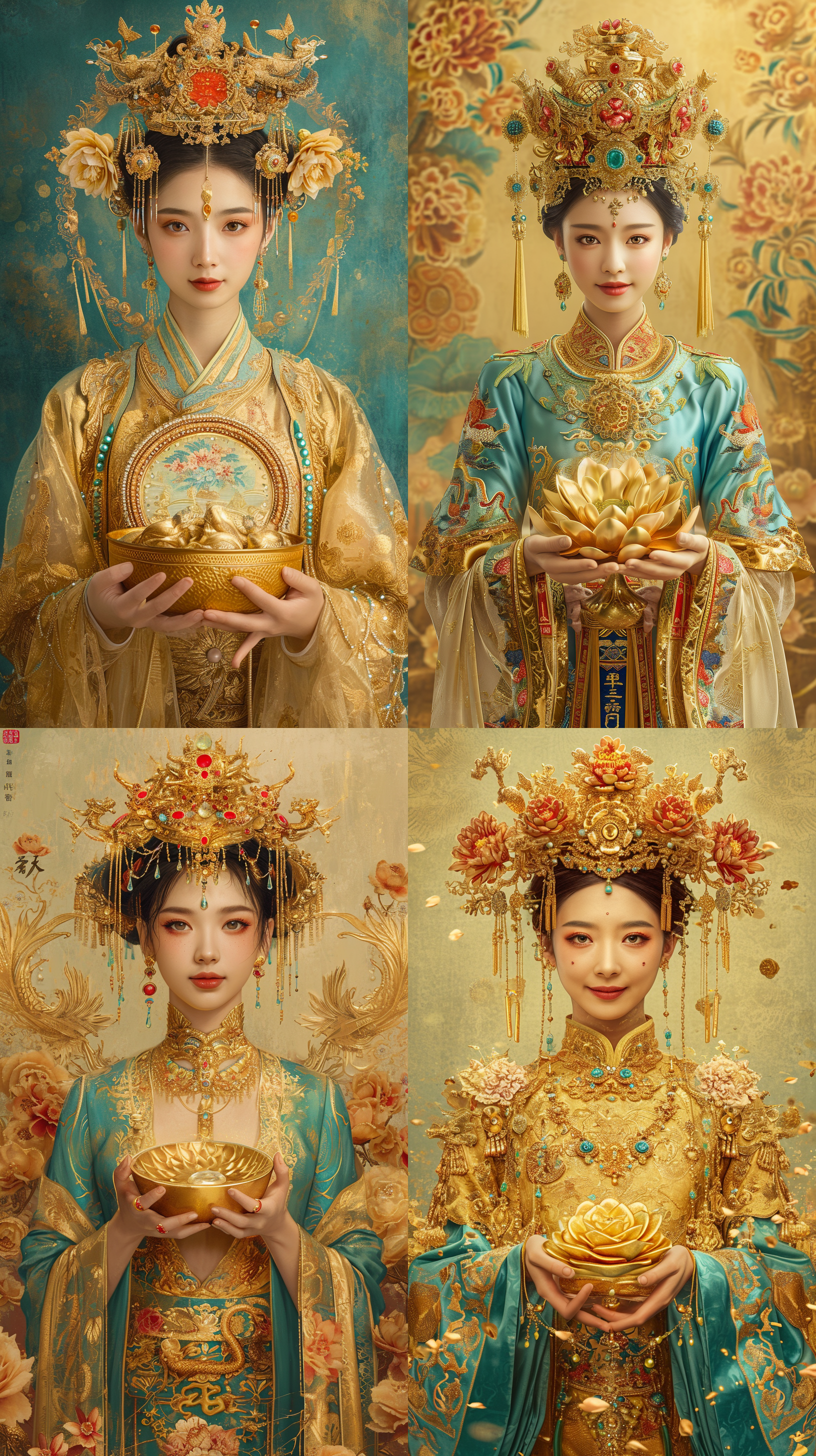财富之神 花朵 坐在金元宝上 一个美丽的中国人 金线夹丝 珠光宝气 梦幻般的质量 以浅绿松石和金色的风格 双手捧着闪闪发光的金元宝 开心的笑 全身 长镜头 肖像 对称 柔和 伦勃朗照明 阿德里安·津格 幻想艺术 超现实 电影质感