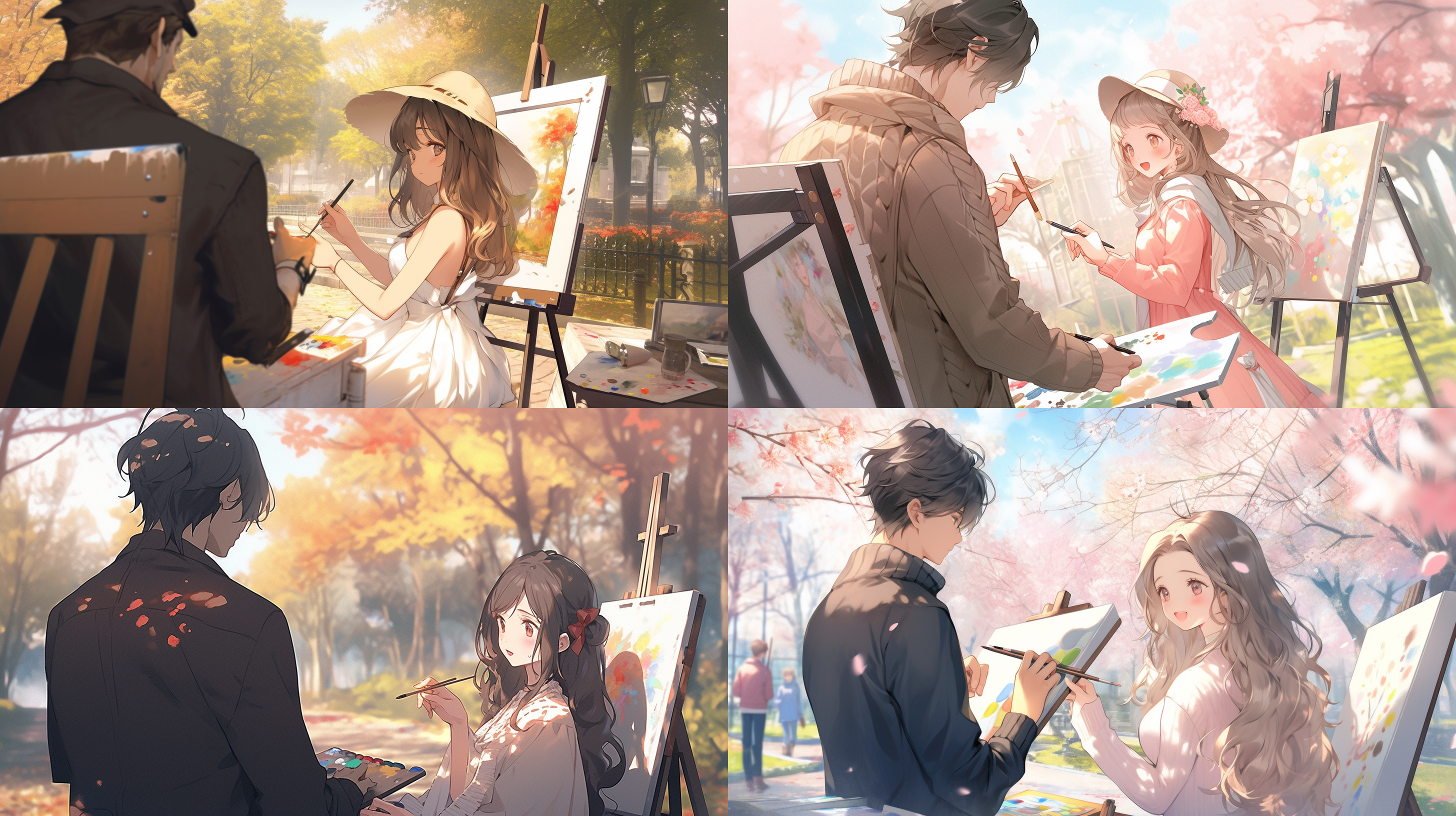 一个漂亮的男人正在公园里画一张可爱女孩的照片