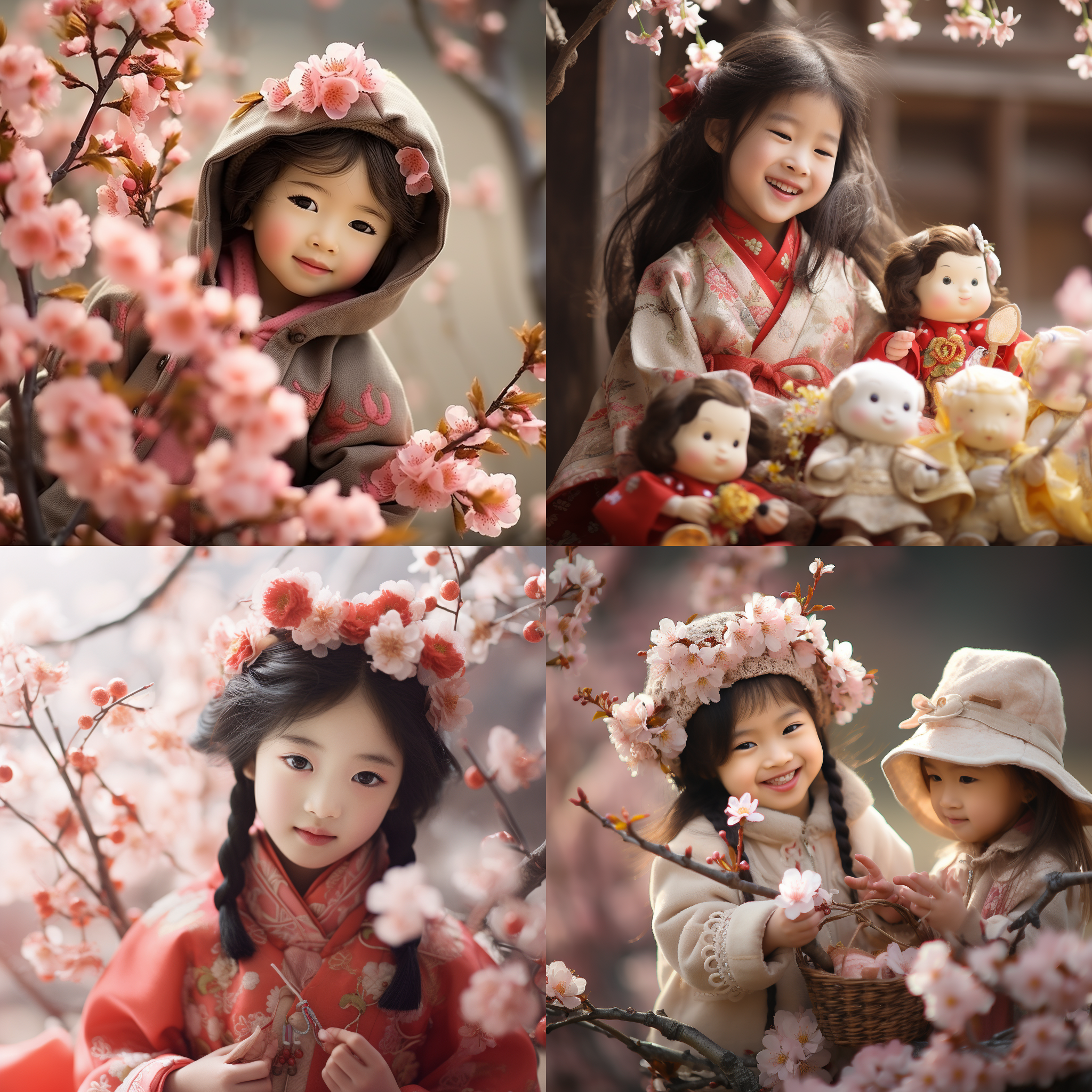 梅花盛开，每朵花以5岁小孩笑脸代替，5个小娃娃，国际多样性，性别多元化，中国娃娃放在中间，绚丽多彩，自然光，微距摄影，柔和色调，天真喜悦，无邪。