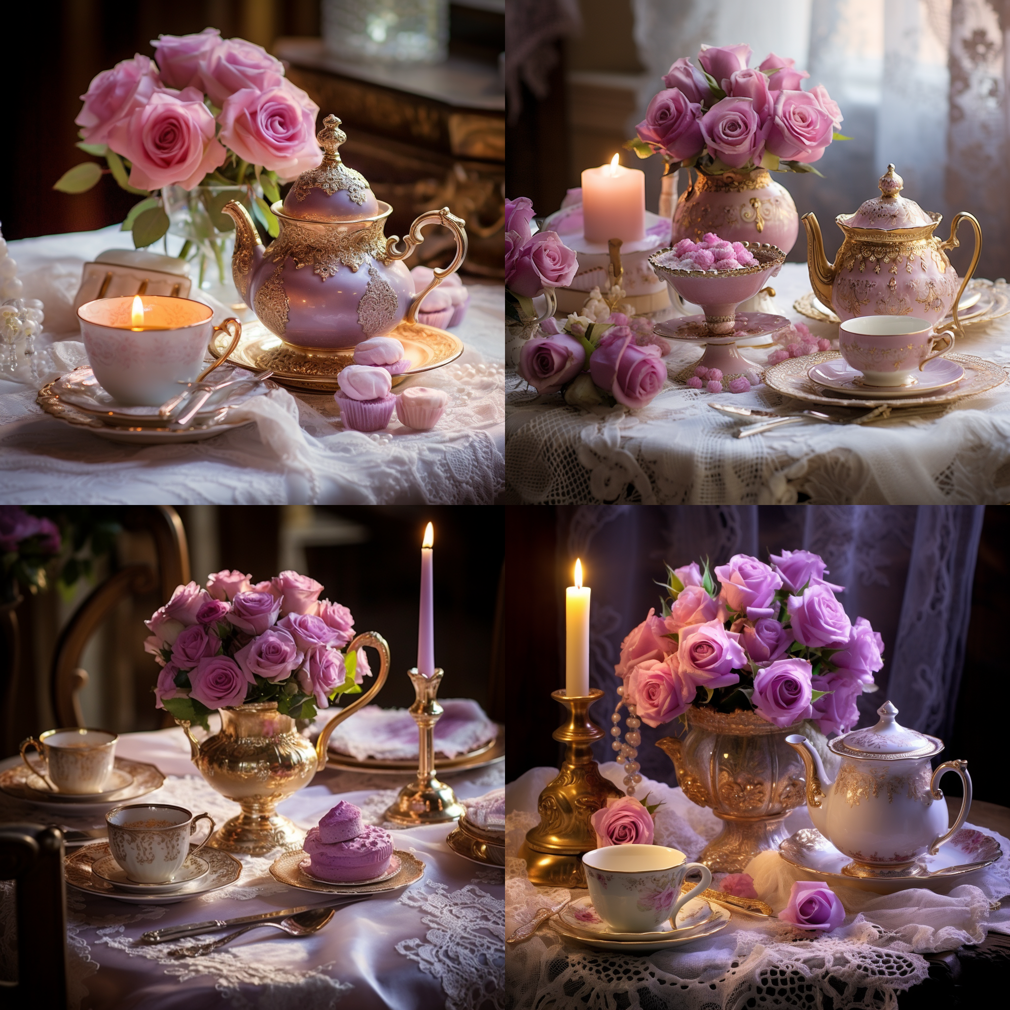 粉色蕾丝边华丽桌子，金色茶具，可爱小点心，复古花瓶，漂亮玫瑰，金边紫色蕾丝椅子，光线柔和，饱满色彩，优雅氛围，细节精致，浪漫情调。
