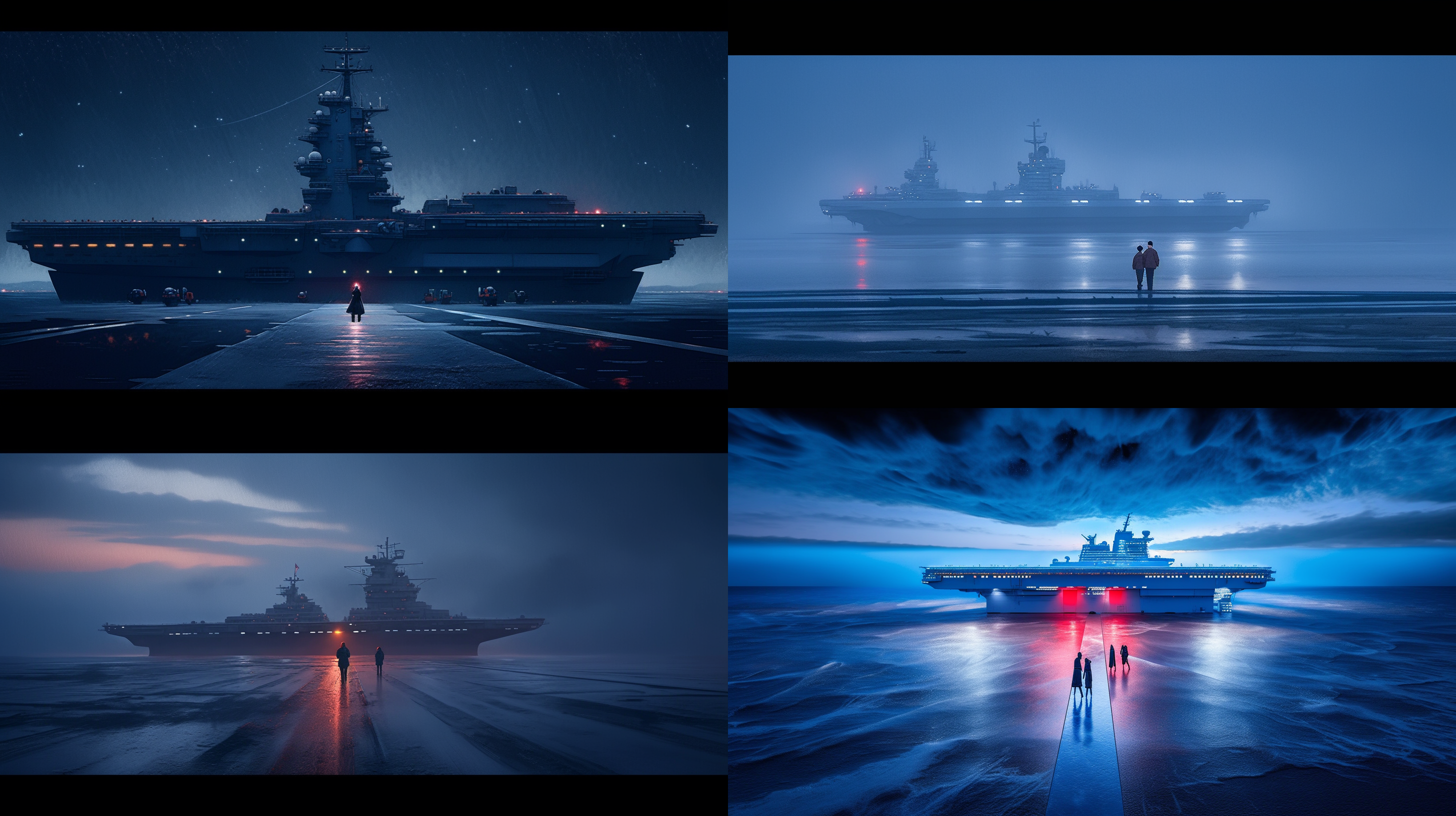 中国航母，巨大的舰体占据整个画面，远处是广阔的海洋。透过夜色，航母上的灯光照亮了周围的环境，形成了明暗对比。拍摄采用长焦镜头，突出了航母的细节和力量感。海风吹拂着舰上的旗帜，给人一种雄壮和自豪的感觉。航母的轮廓与天空融为一体，象征着中国航母的崛起和国家的强大。中国航母，巨大，夜景，灯光，长焦镜头，旗帜，雄壮，自豪，崛起，强大。