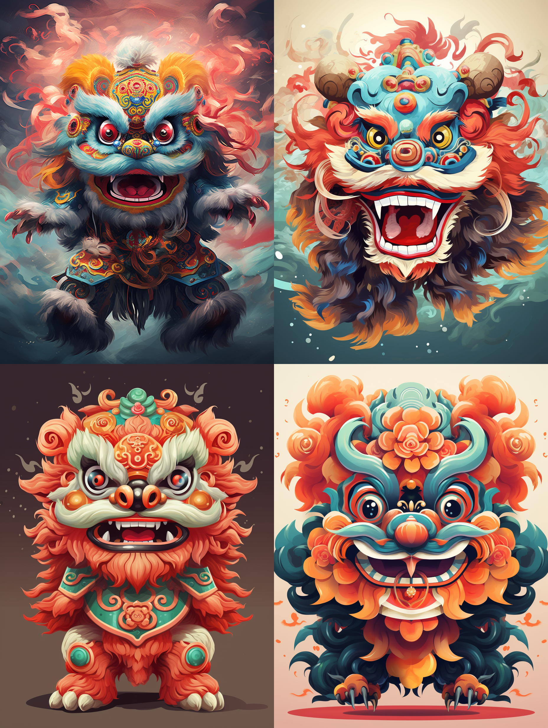 中国风舞狮，多色，背景纯色，动态优美，活泼可爱，真实风格