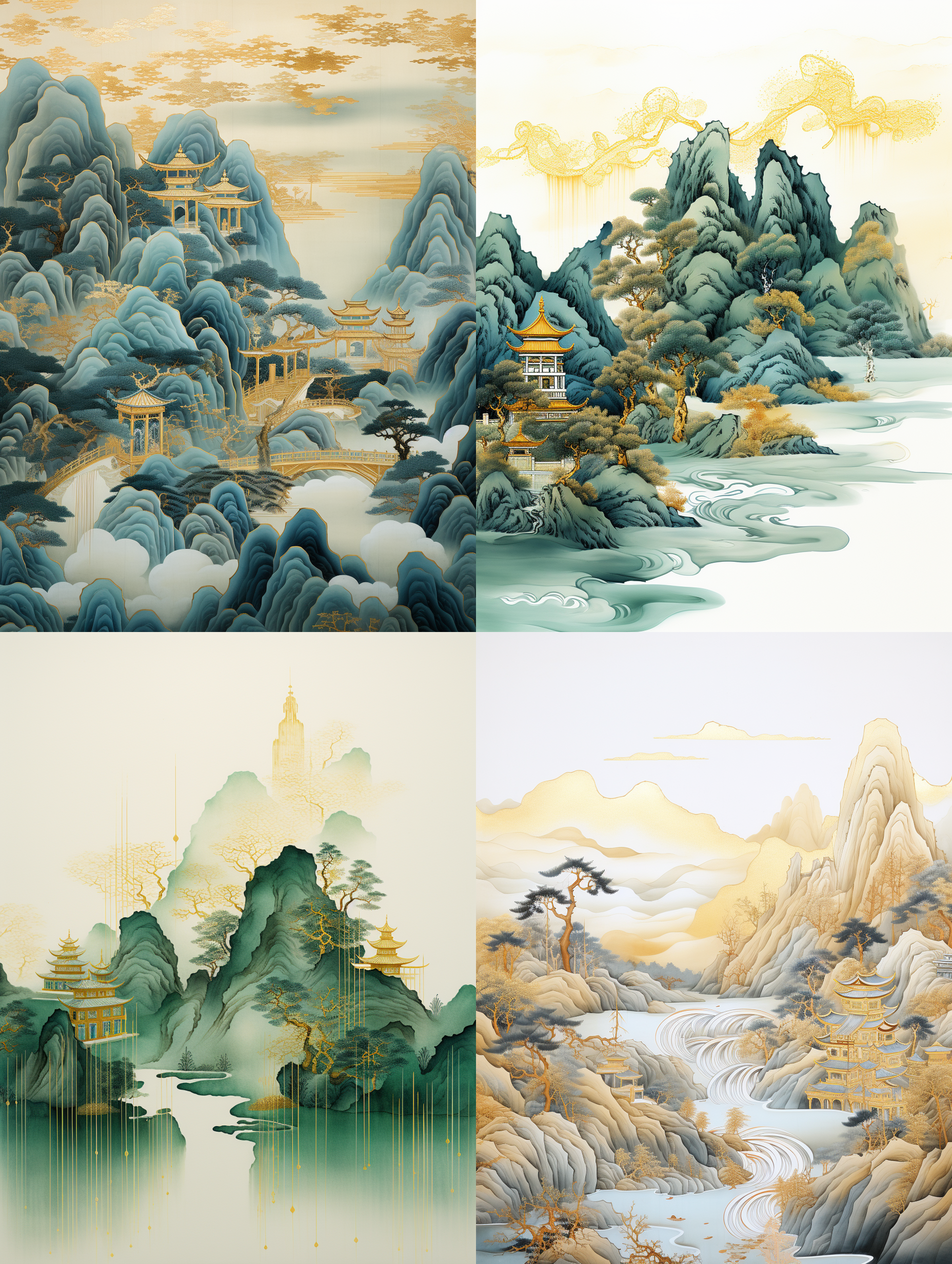 chinese embroidery craft of a golden-blue-green mountain with pavilions and trees, gilding, flowing liquid gold, minimalist color field, freehand brushwork, blank-leaving, organic form, simple background
